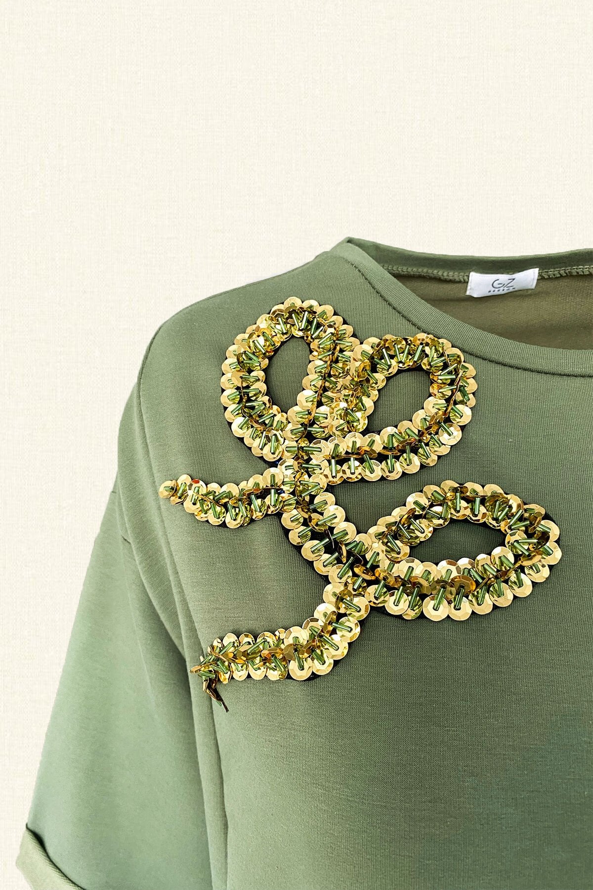 Gold İşlemeli Yeşil Penye Oversize Elbise