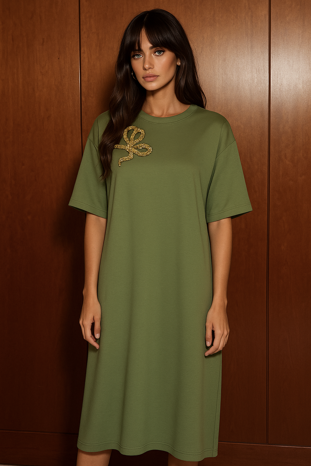 Gold İşlemeli Yeşil Penye Oversize Elbise