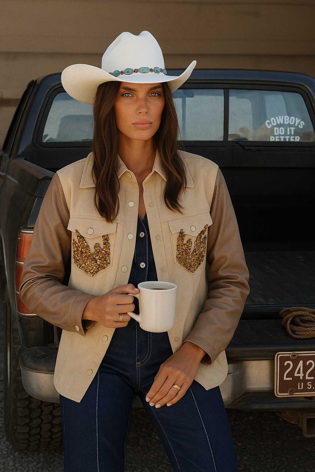 Gold Alev İşlemeli Kolları Deri Detaylı Krem Renk Jean Ceket