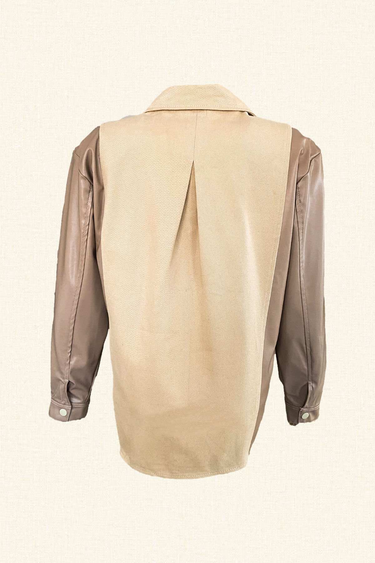 Gold Alev İşlemeli Kolları Deri Detaylı Krem Renk Jean Ceket