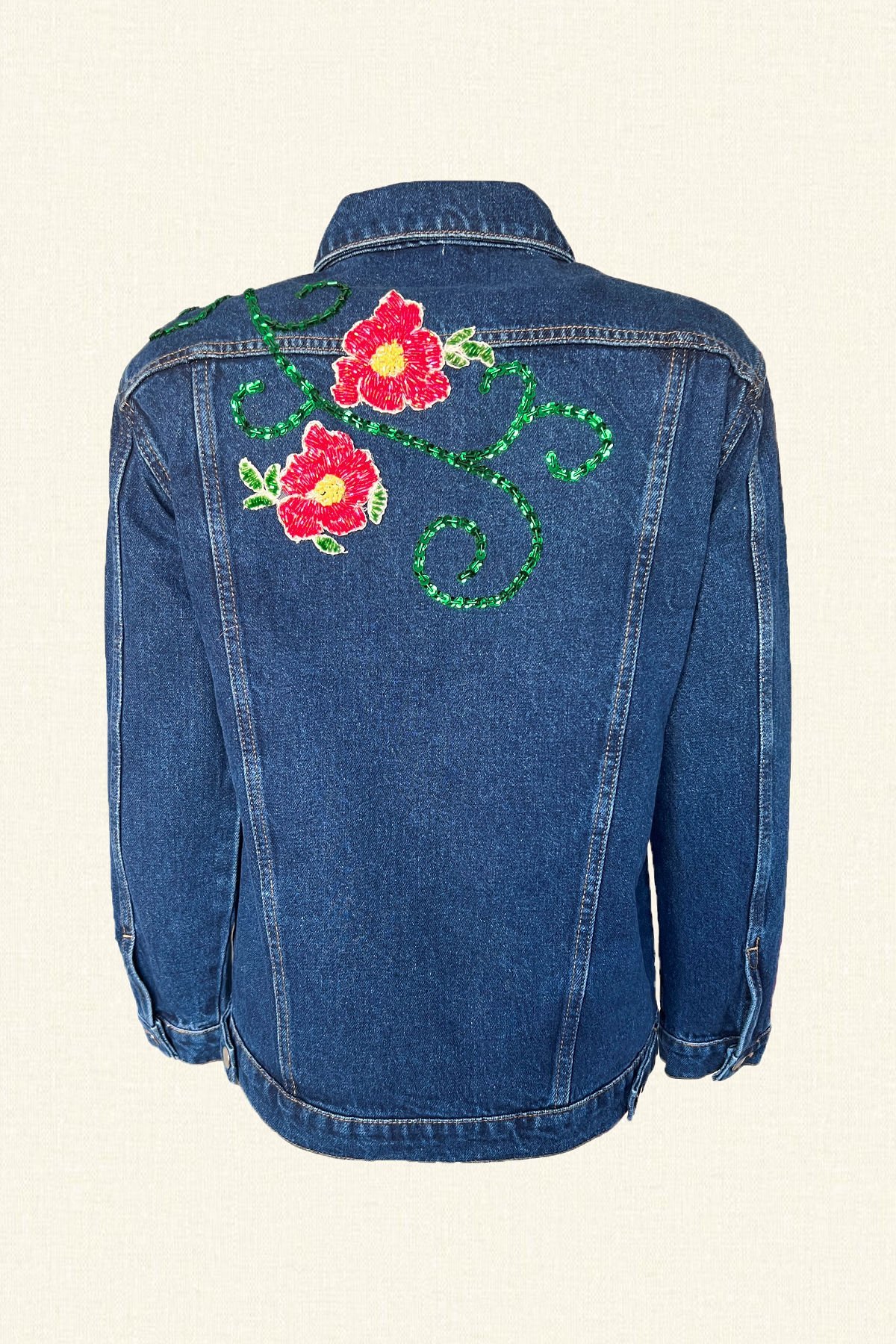 Kırmızı Çiçek İşlemeli Koyu Renk Jean Ceket