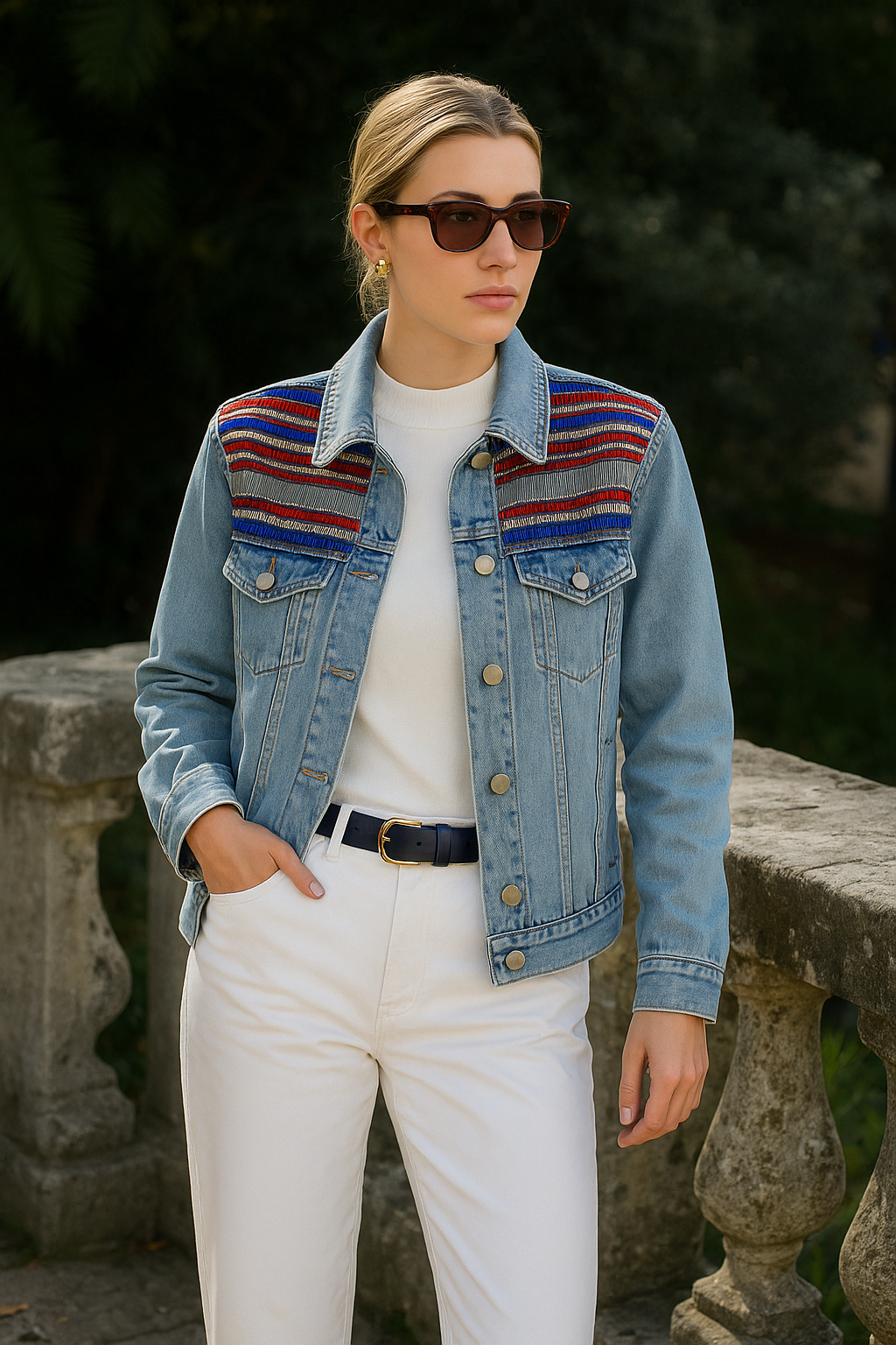 Kırmızı İşlemeli Açık Renk Jean Ceket