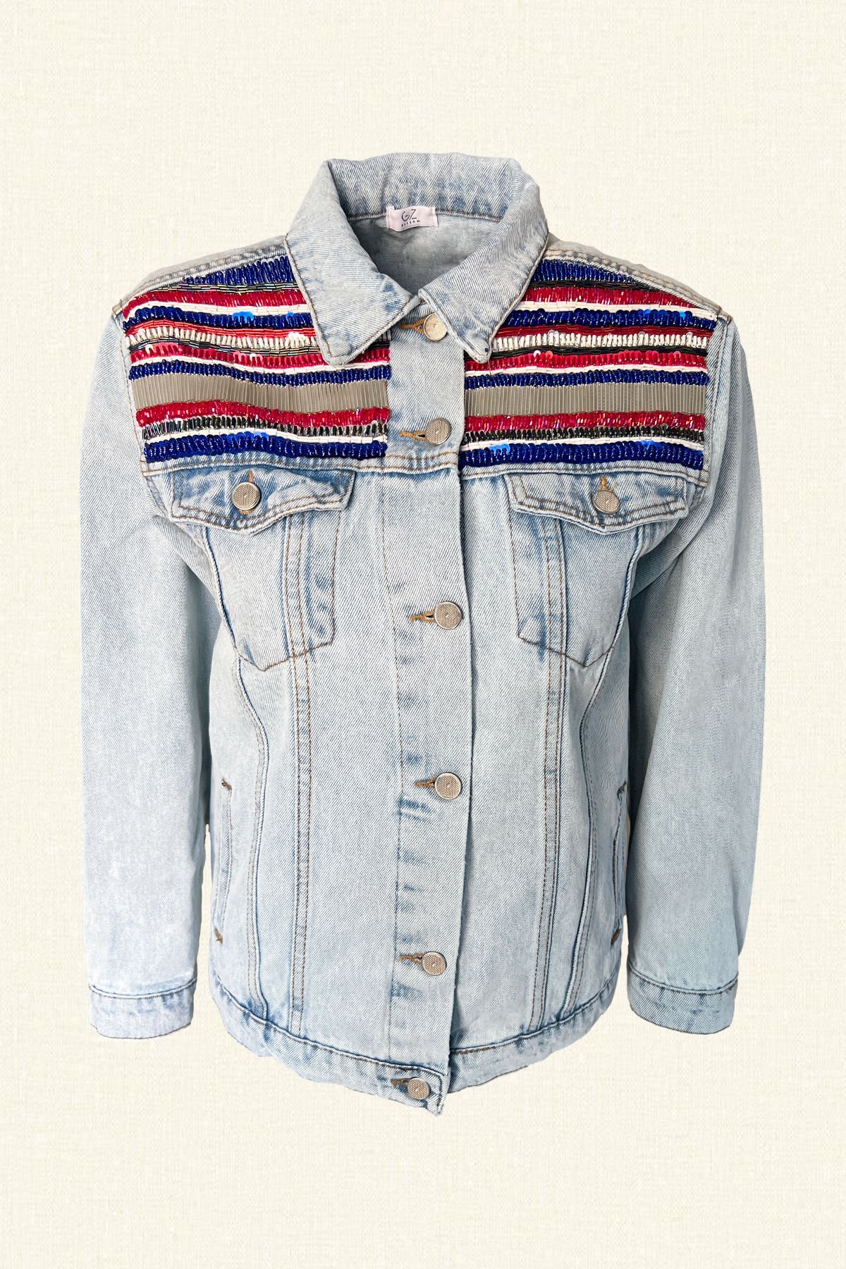 Kırmızı İşlemeli Açık Renk Jean Ceket