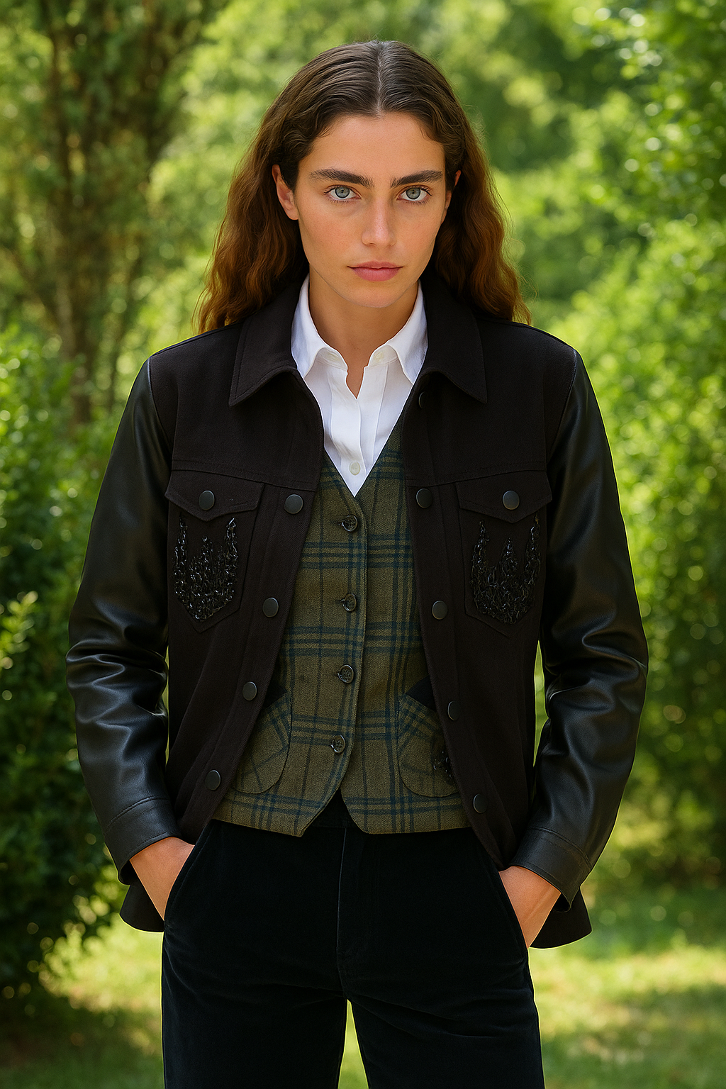 Siyah Alev İşlemeli Kolları Deri Detaylı Jean Ceket