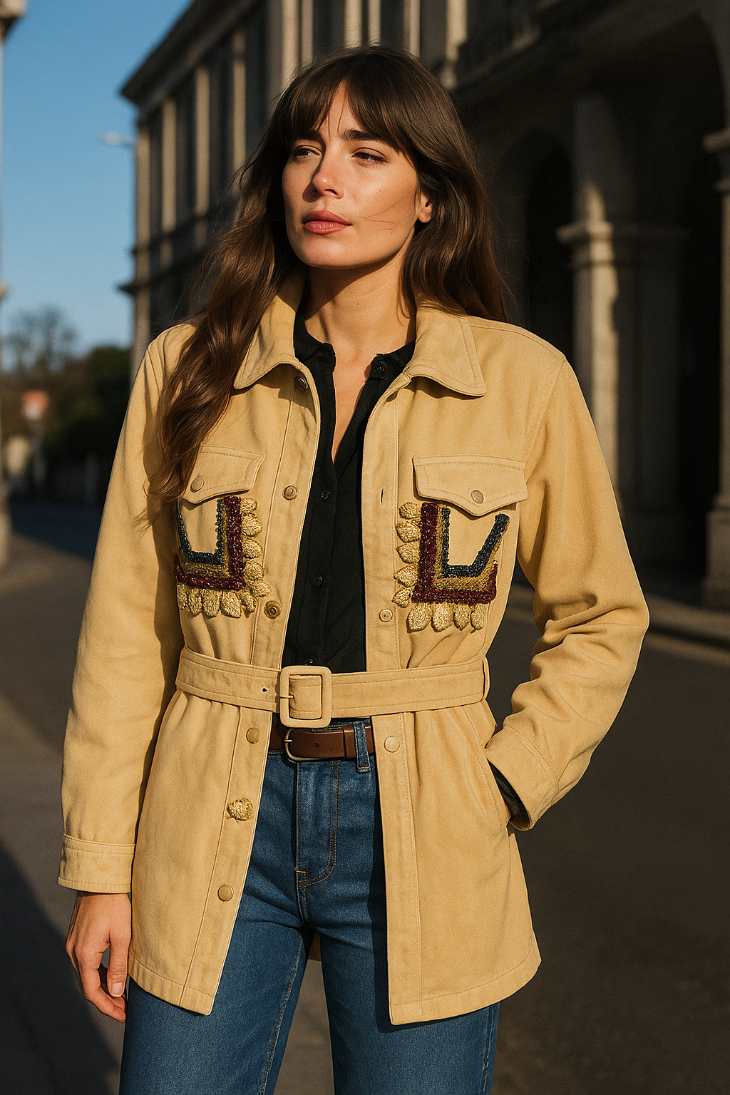 Cep Üstü Boncuk İşlemeli Püskül Detaylı Krem Jean Ceket