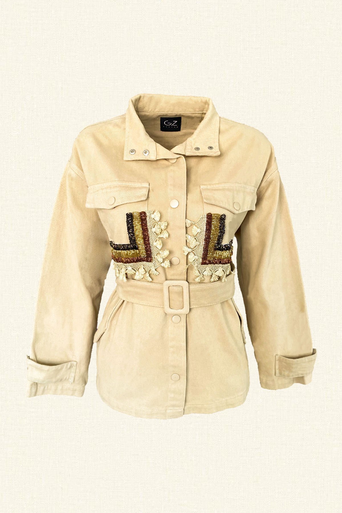 Cep Üstü Boncuk İşlemeli Püskül Detaylı Krem Jean Ceket