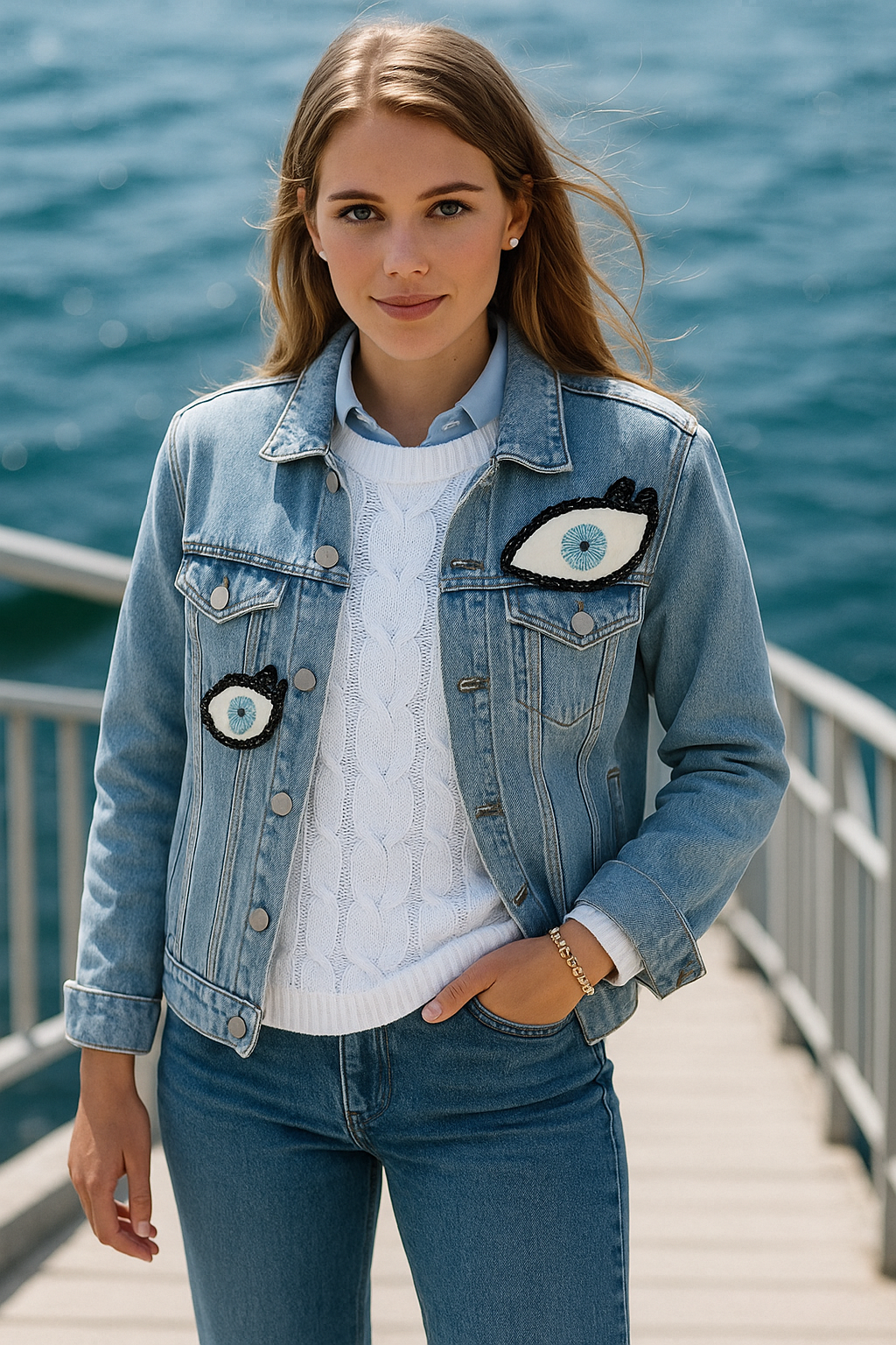 Göz İşlemeli Açık Renk Jean Ceket