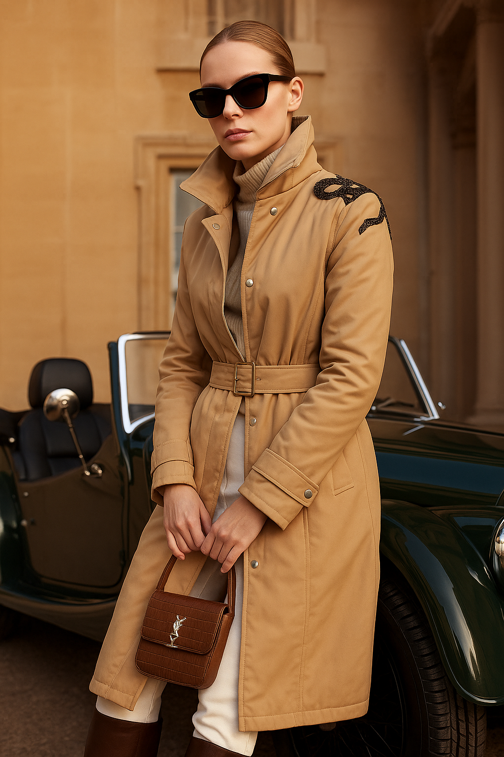 Bakır Halat İşlemeli Krem Kapitone Uzun İnce Mont