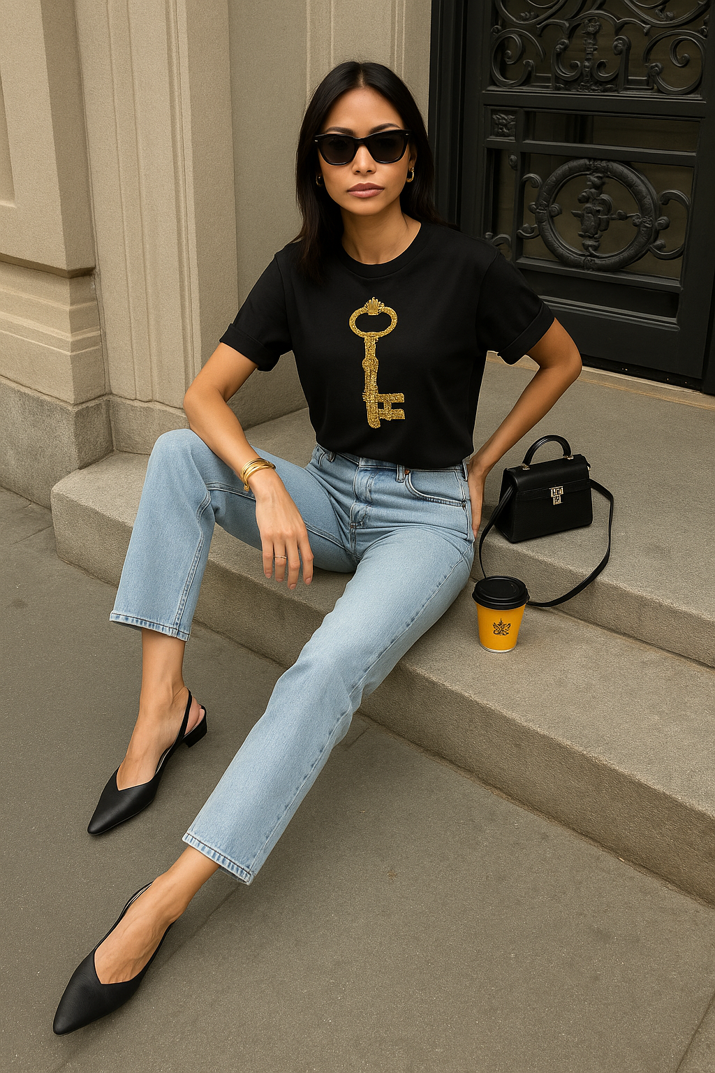 Gold Anahtar İşlemeli Bisiklet Yaka Pamuklu Basic Siyah Tişört