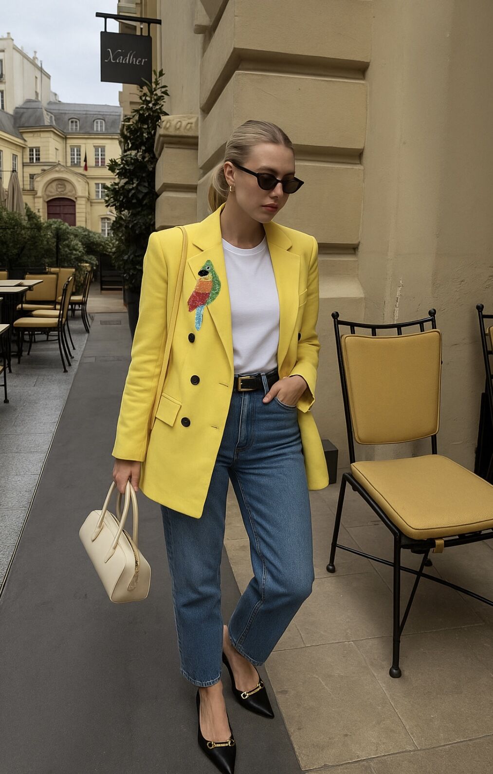 Renkli Kuş İşlemeli Sarı Blazer Ceket