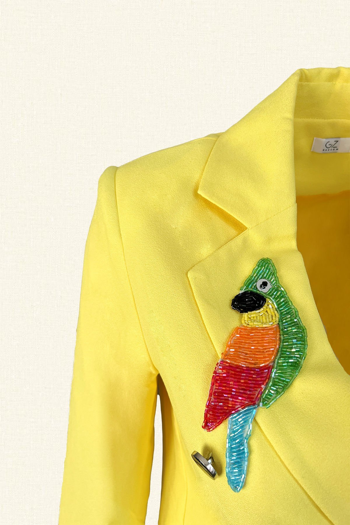 Renkli Kuş İşlemeli Sarı Blazer Ceket