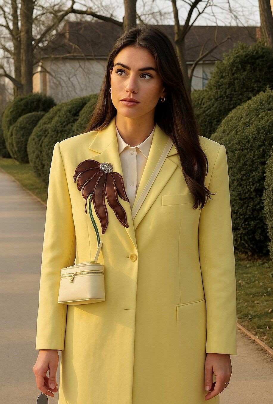 Deri Üzeri Bakır İşlemeli Çiçek Figürlü Uzun Sarı Blazer Ceket
