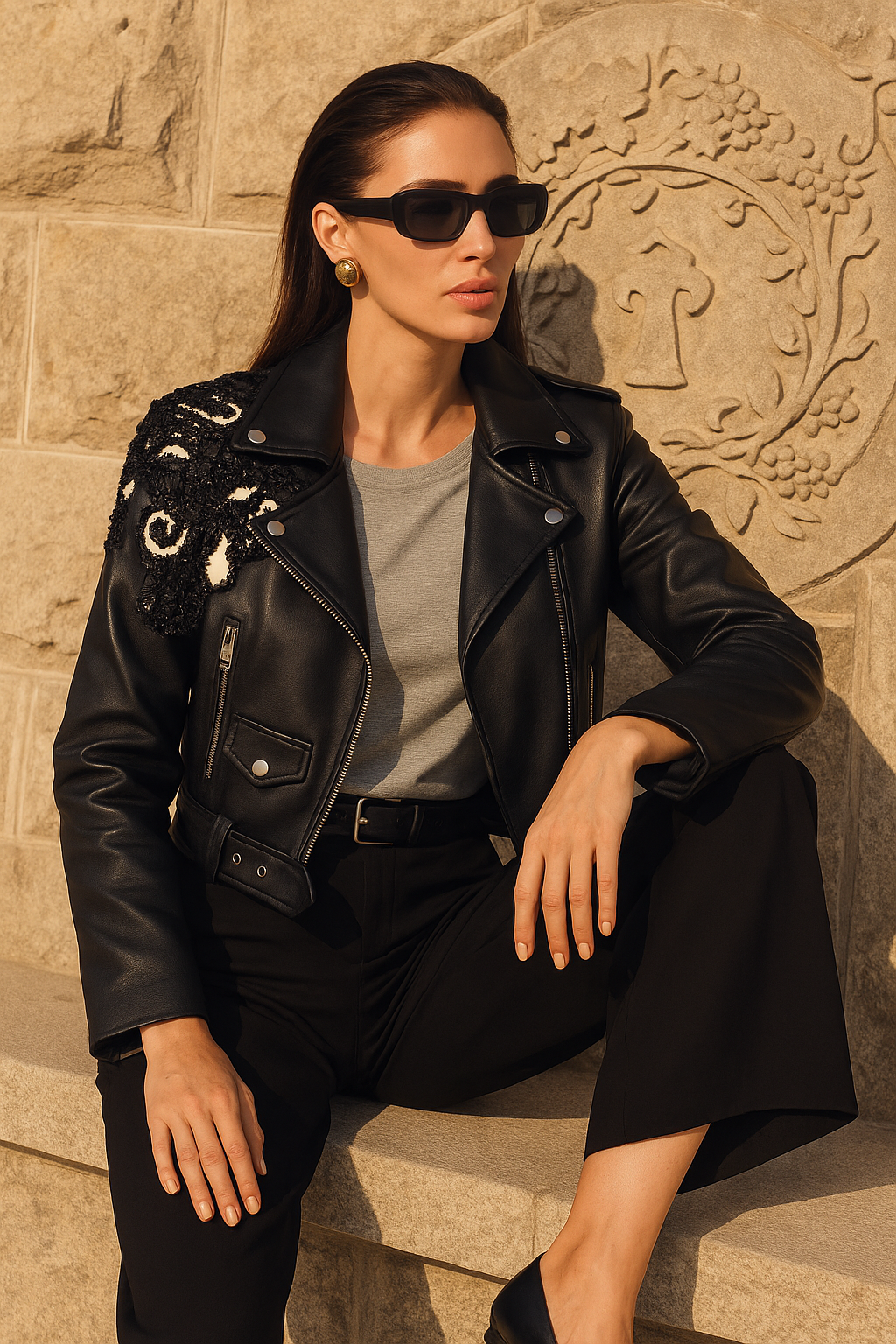 Beyaz Deri Üzeri Boncuk İşlemeli Siyah Biker Deri Ceket