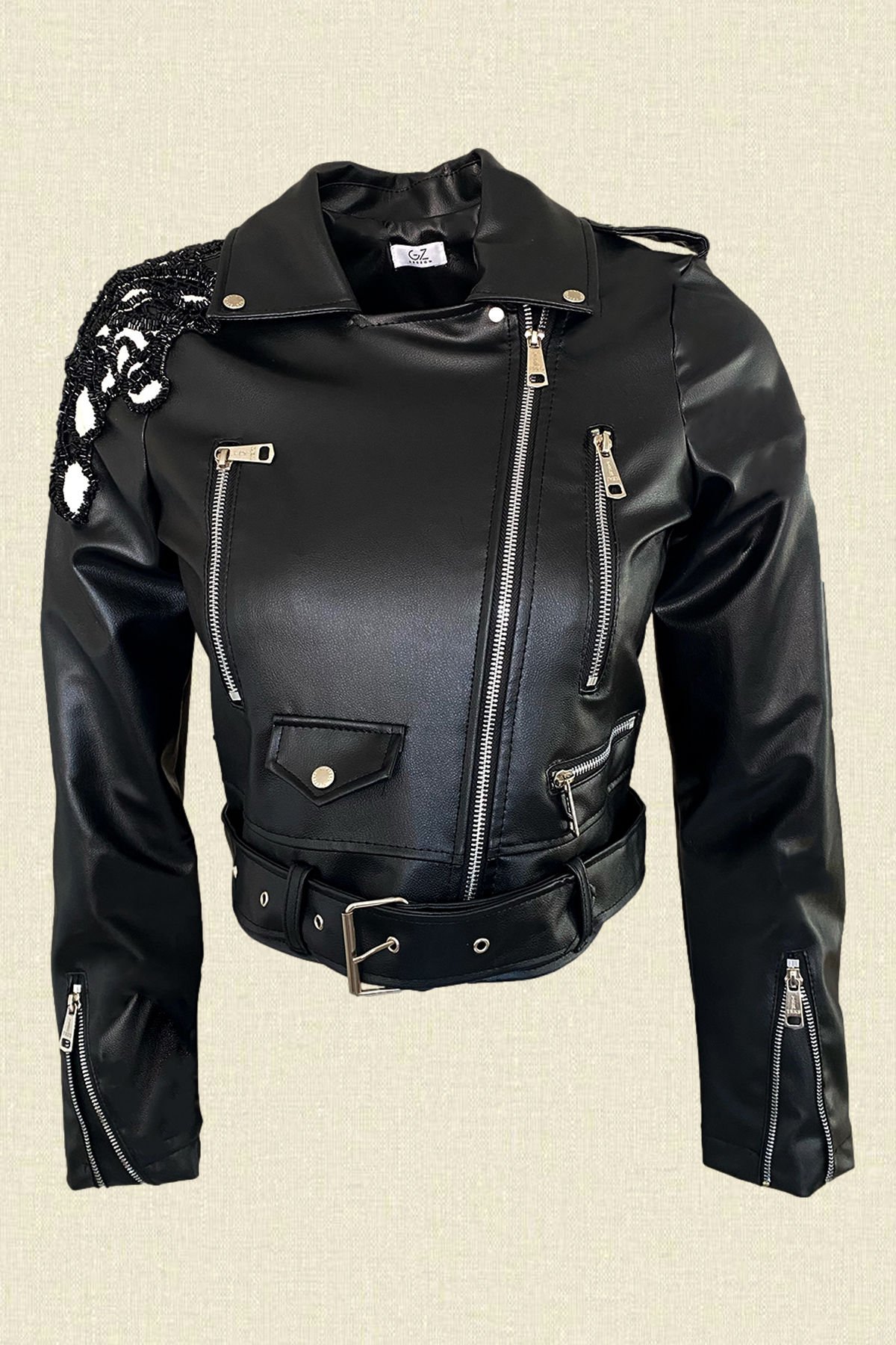 Beyaz Deri Üzeri Boncuk İşlemeli Siyah Biker Deri Ceket