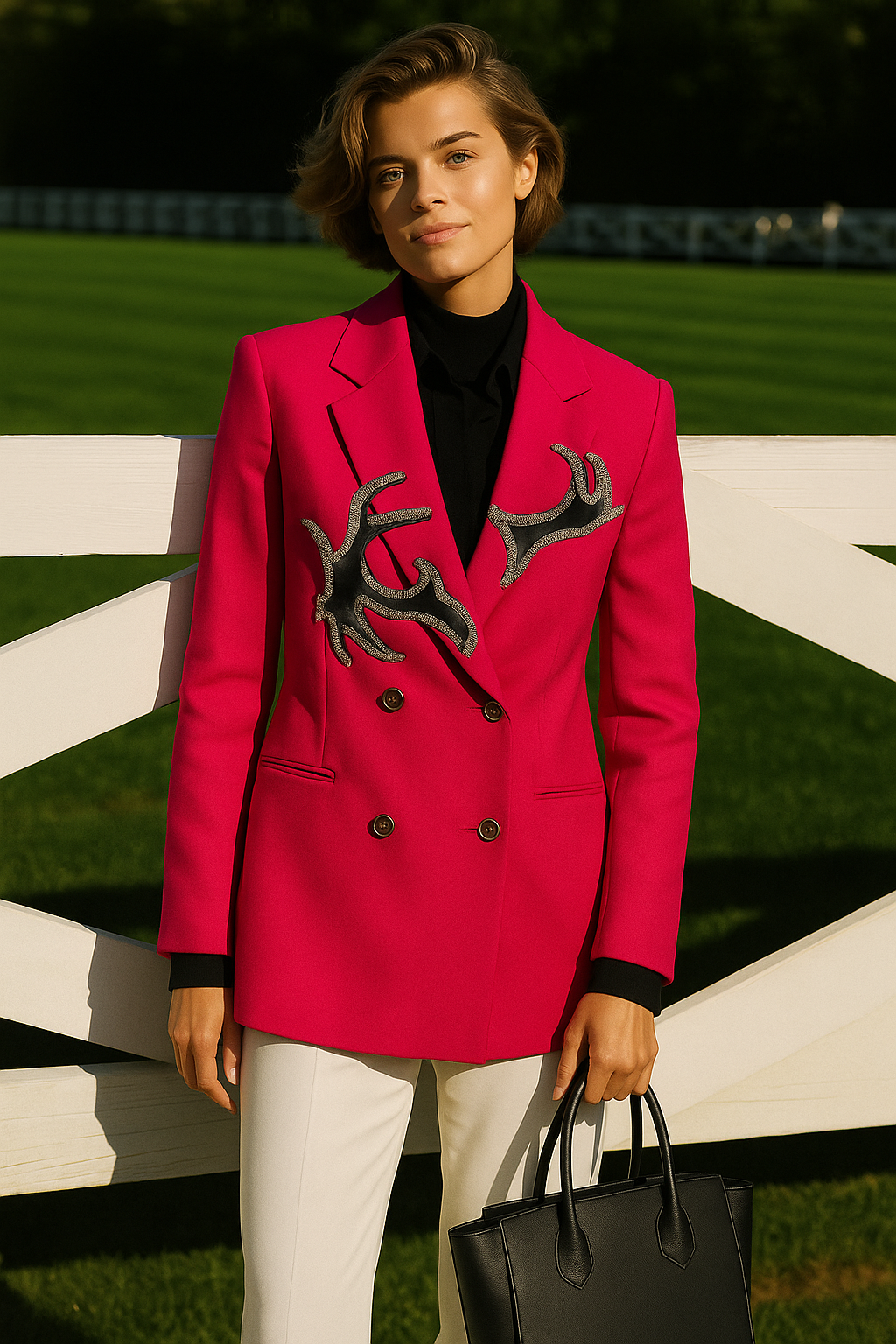 Deri Üzeri Gümüş İşlemeli Pembe Blazer Ceket