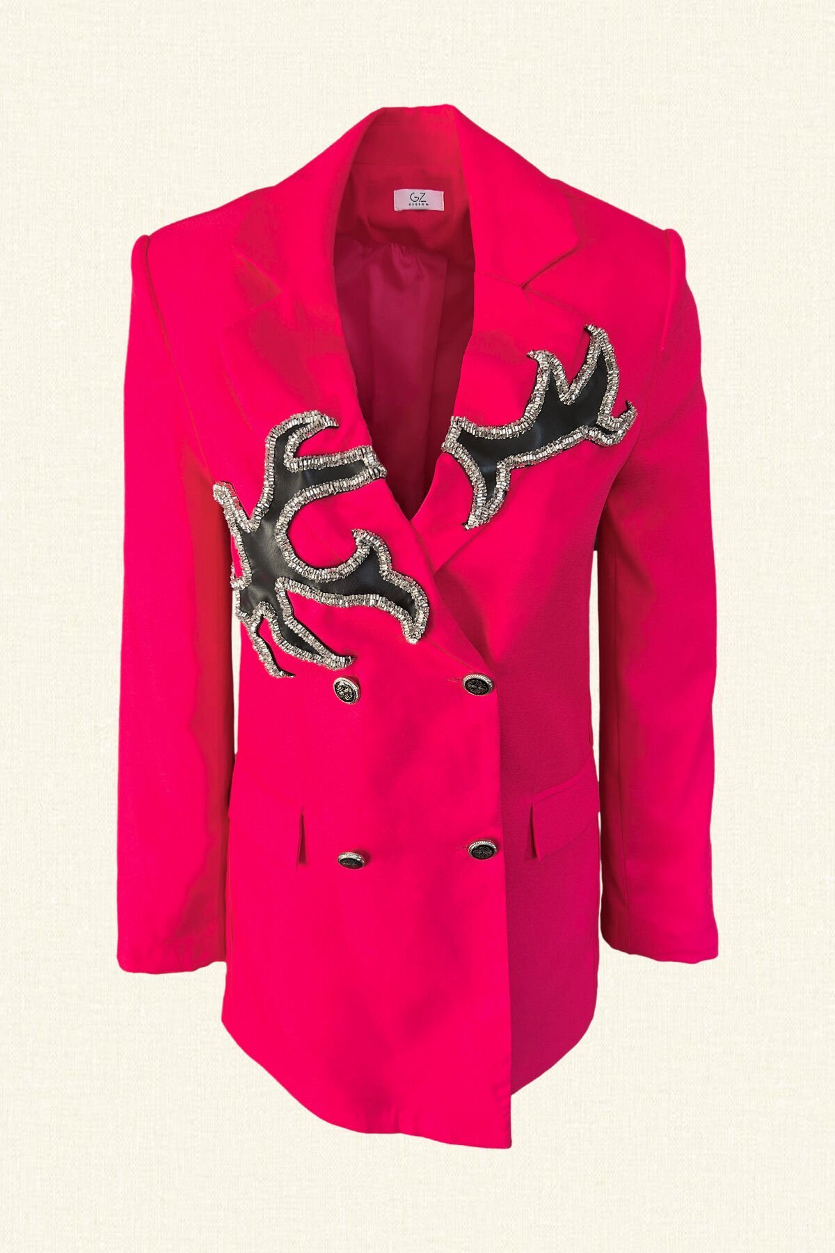Deri Üzeri Gümüş İşlemeli Pembe Blazer Ceket