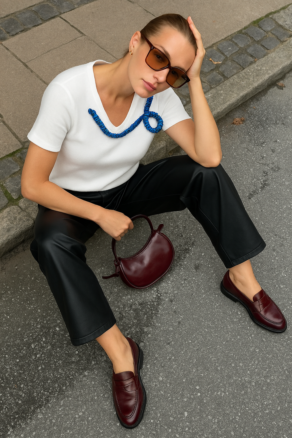 Lacivert Pul İşlemeli Beyaz V-Yaka Tişört