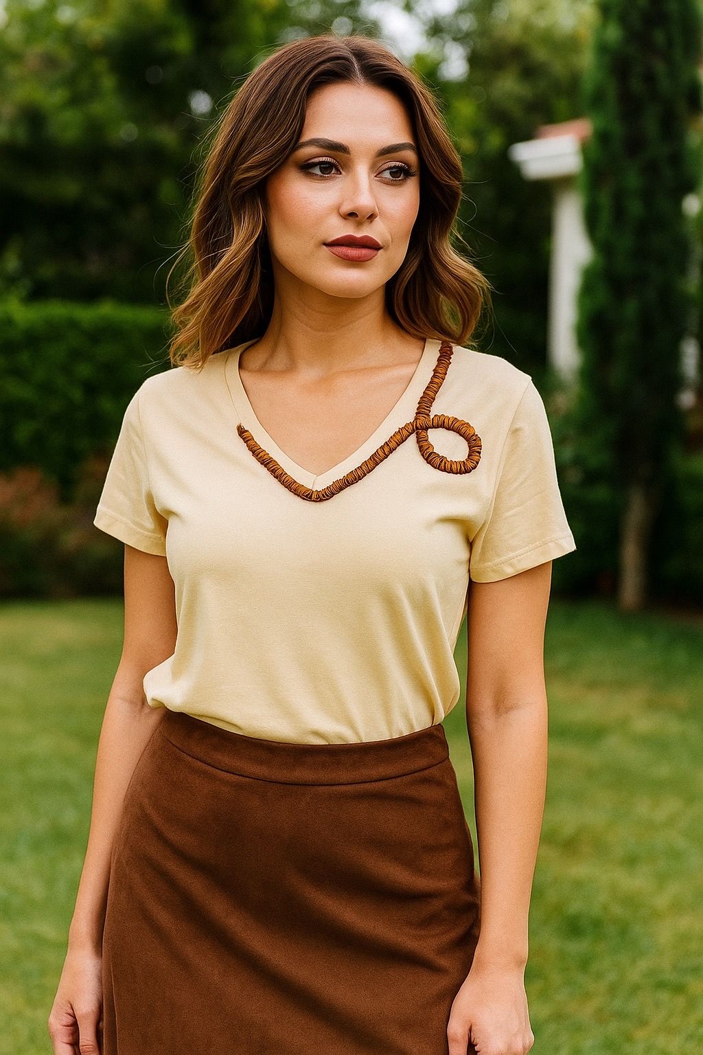 Bakır Pul İşlemeli Krem V-Yaka Tişört