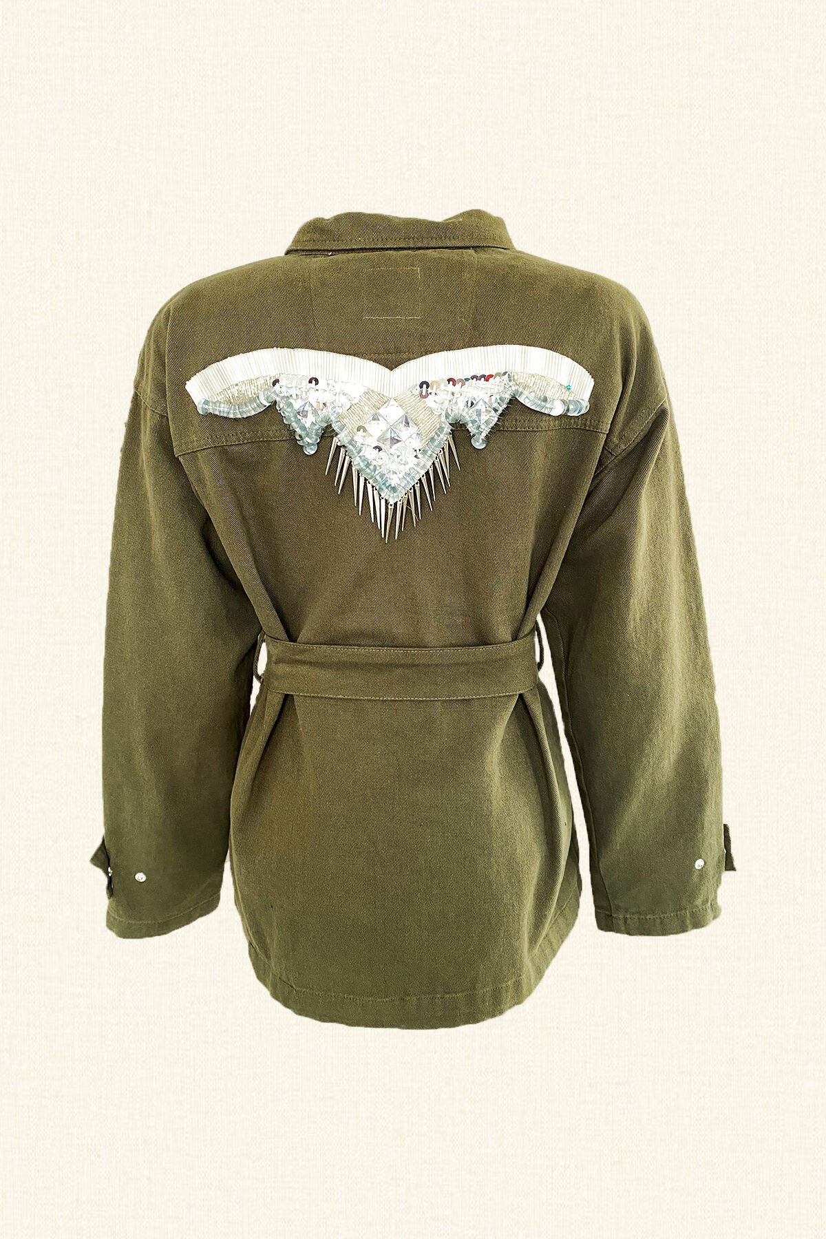 Gümüş Kanat İşlemeli Yeşil Jean Ceket