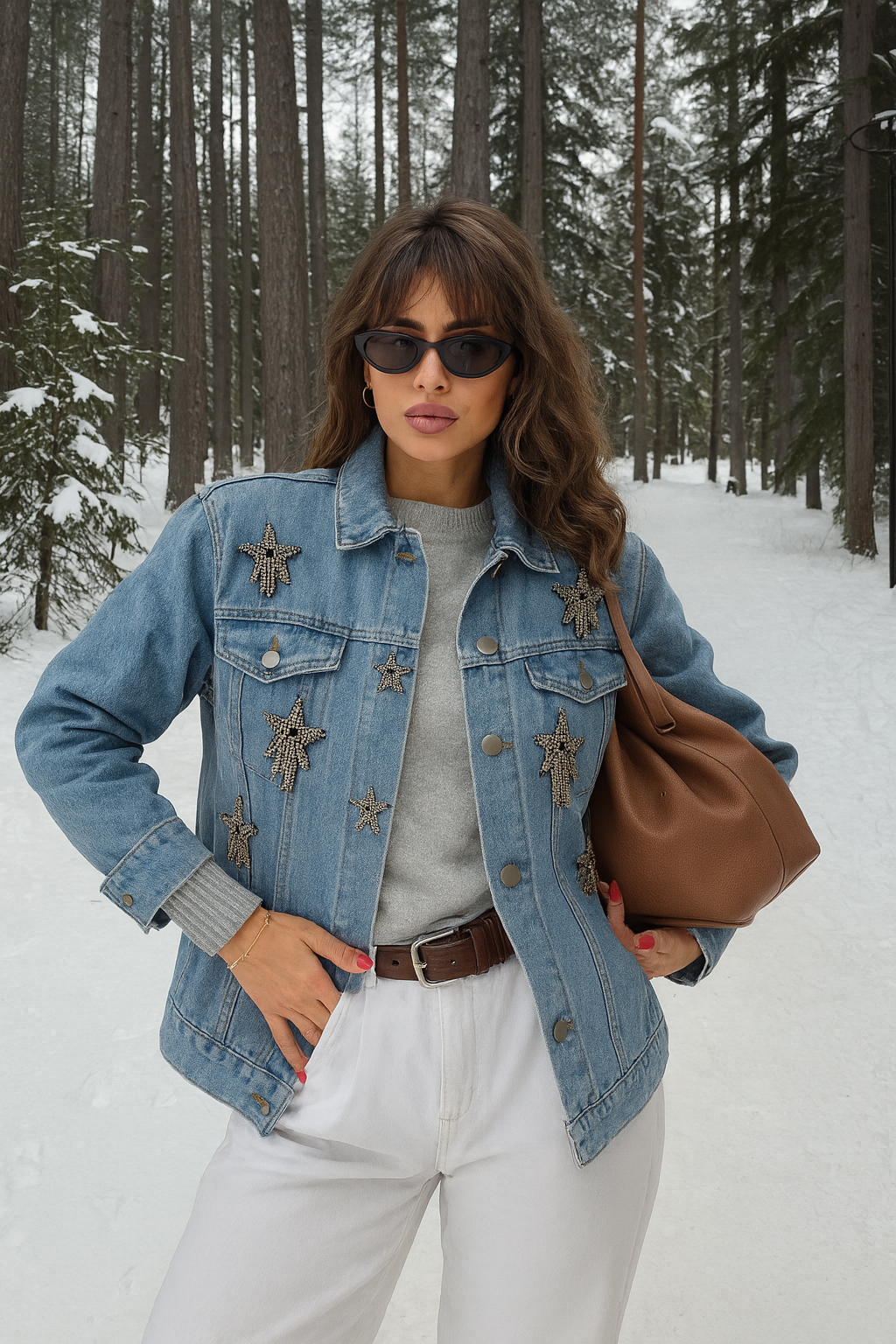 Yıldız İşlemeli Açık Renk Jean Ceket