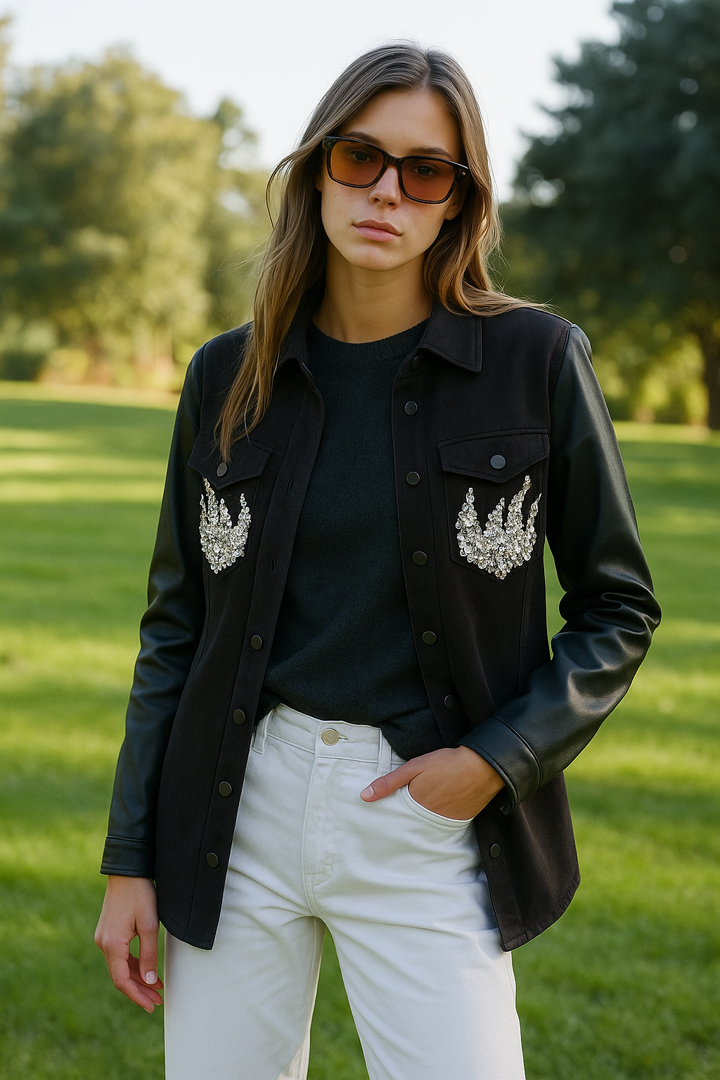 Gümüş Alev İşlemeli Kolları Deri Detaylı Siyah Renk Jean Ceket