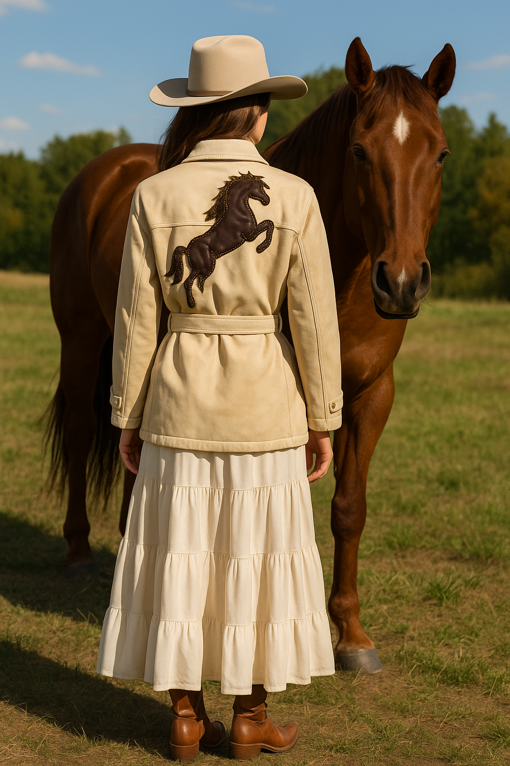 Deri Üzeri Boncuk İşlemeli At Figürlü Krem Renk Jean Ceket
