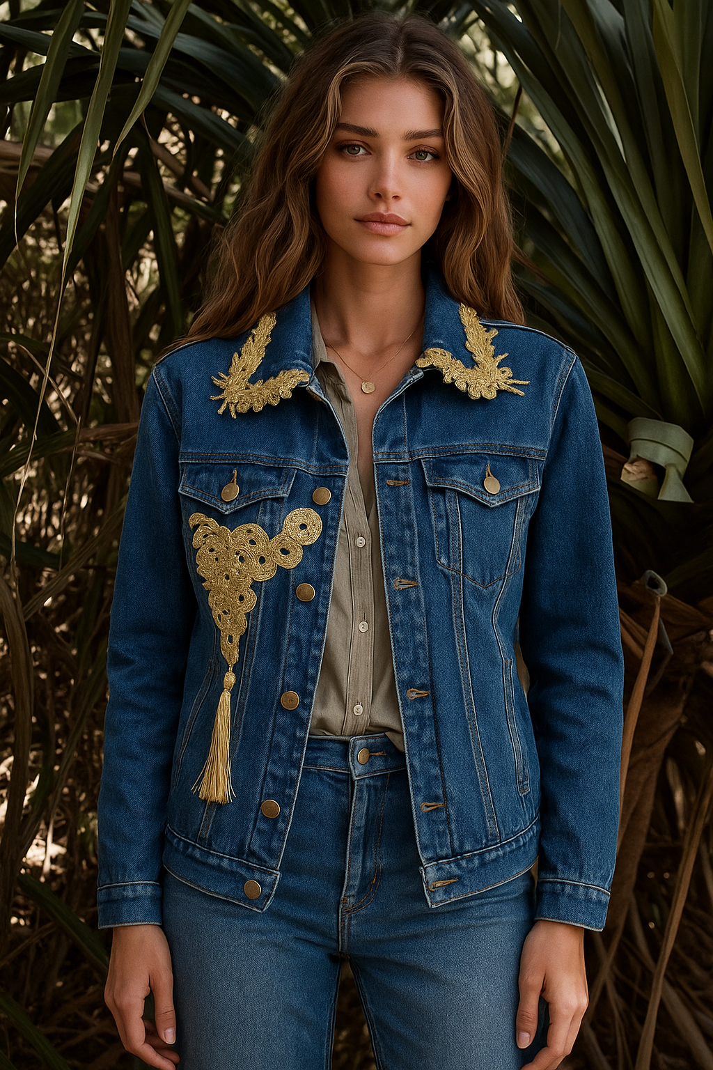 Yakası ve Önü Sırma İşlemeli Koyu Renk Jean Ceket