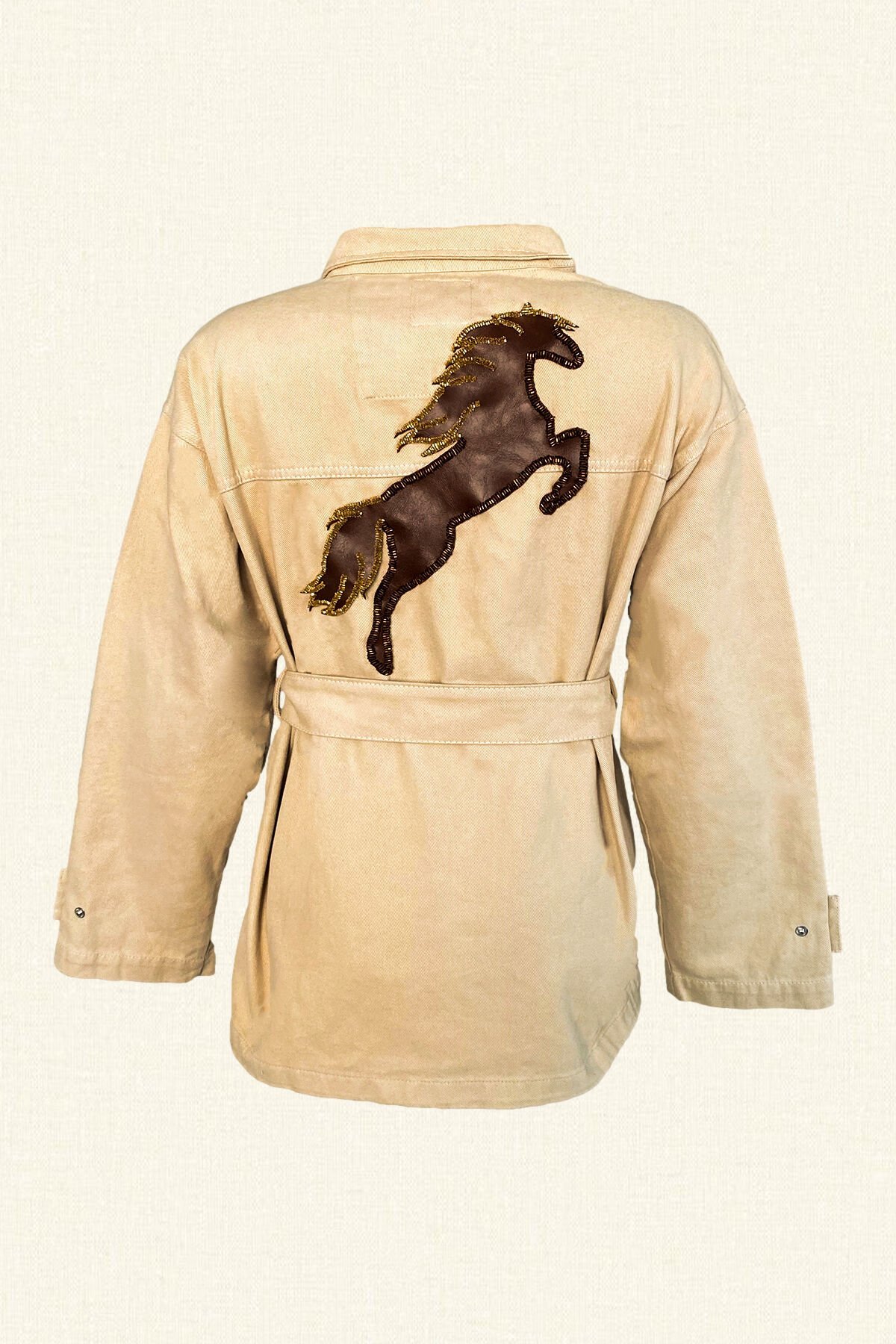 Deri Üzeri Boncuk İşlemeli At Figürlü Krem Renk Jean Ceket