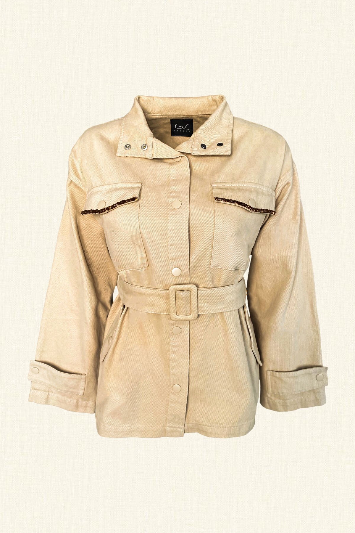 Deri Üzeri Boncuk İşlemeli At Figürlü Krem Renk Jean Ceket