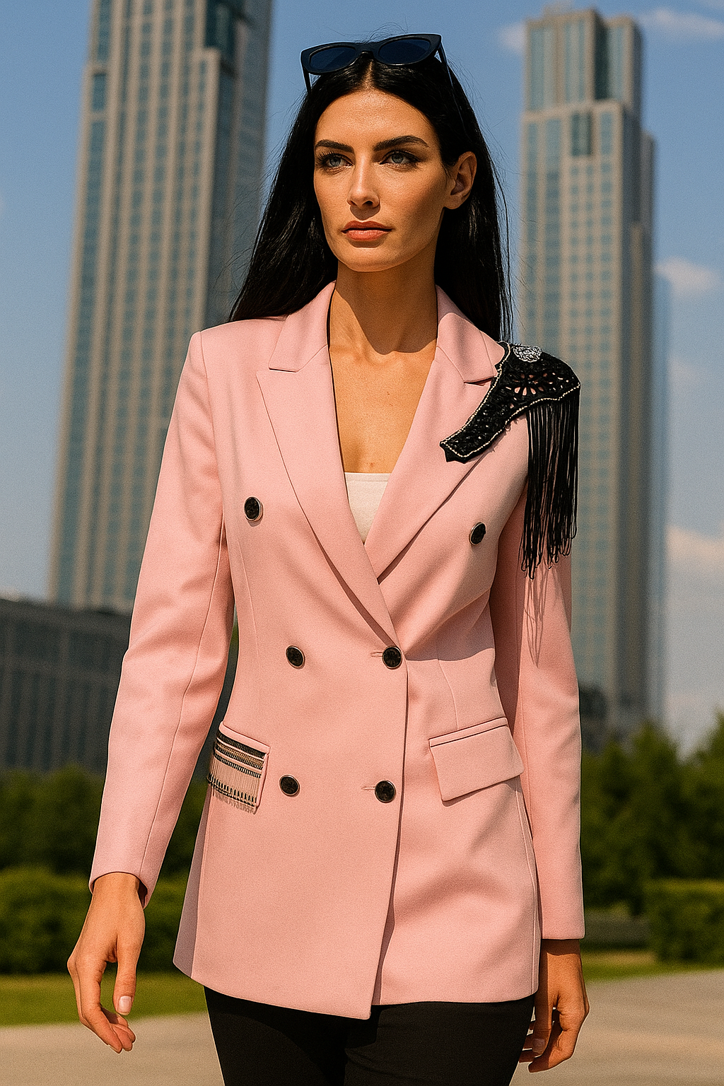 Boncuk İşlemeli Siyah Püskül Detaylı Açık Pembe Blazer Ceket