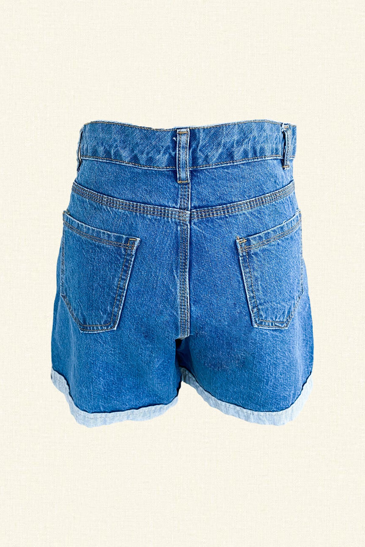 Mavi İşlemeli Mom Jean Şort