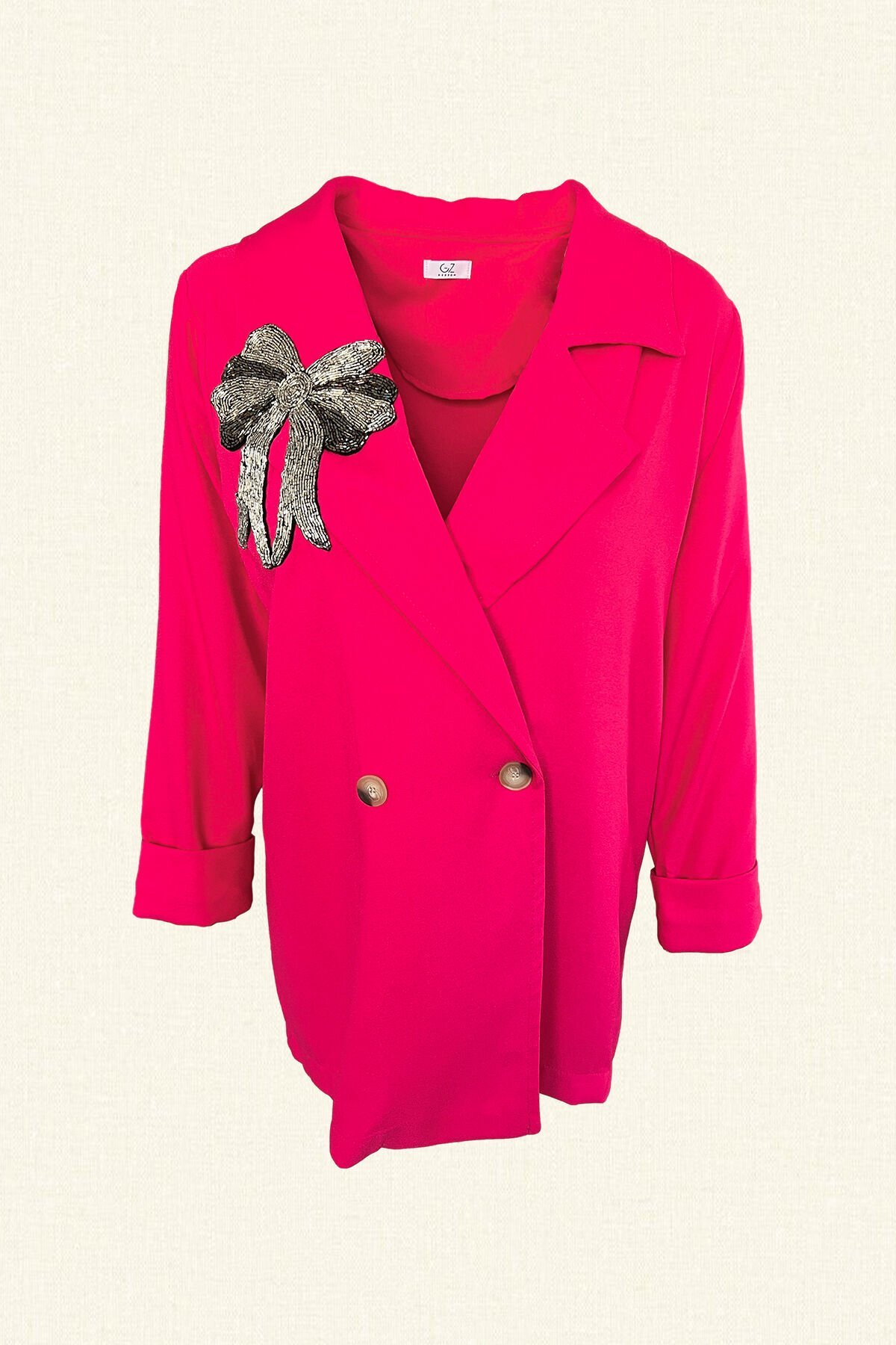 Gümüş Fiyonk İşlemeli Pembe Blazer Ceket