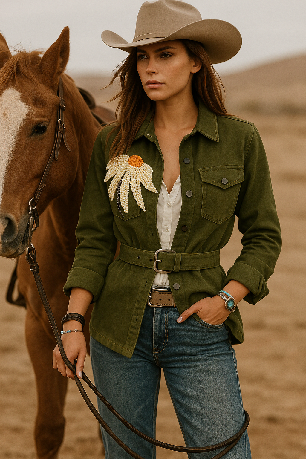 Papatya İşlemeli İnci Detaylı Yeşil Jean Ceket