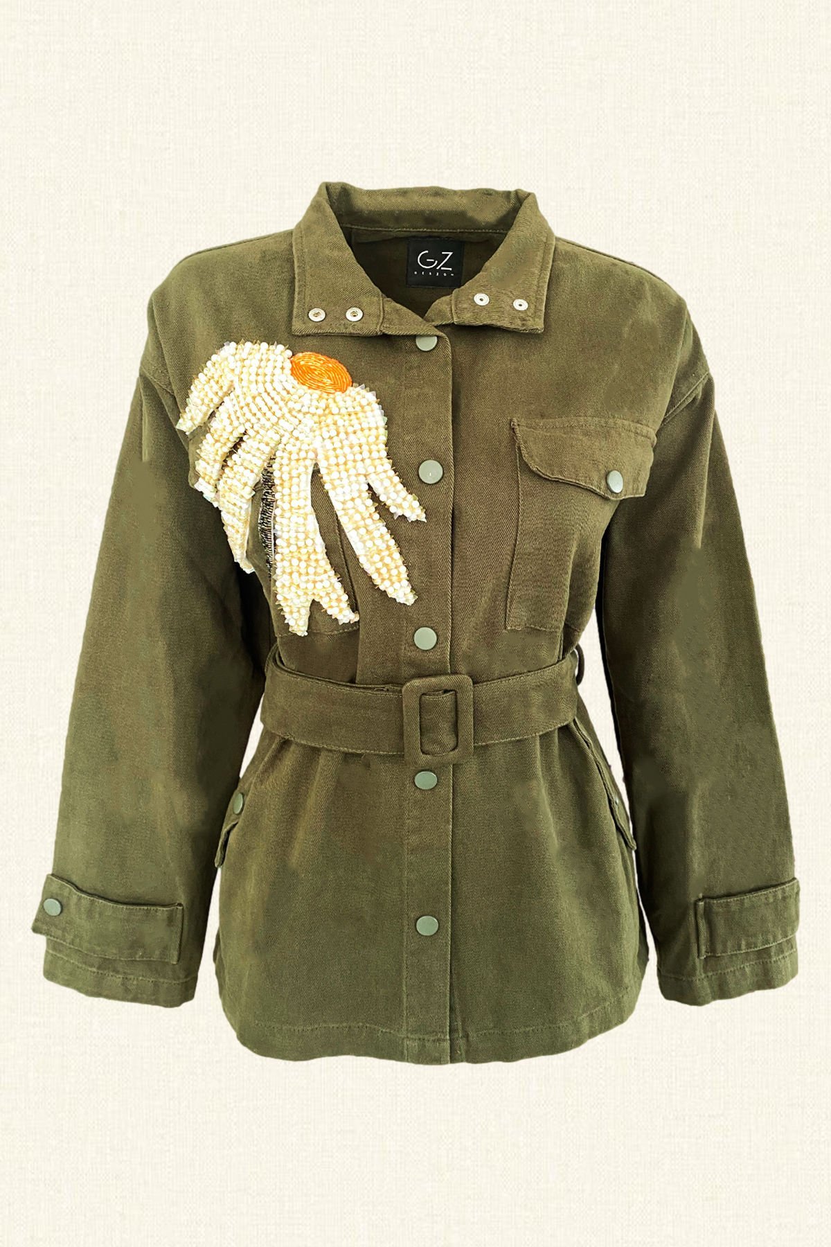Papatya İşlemeli İnci Detaylı Yeşil Jean Ceket