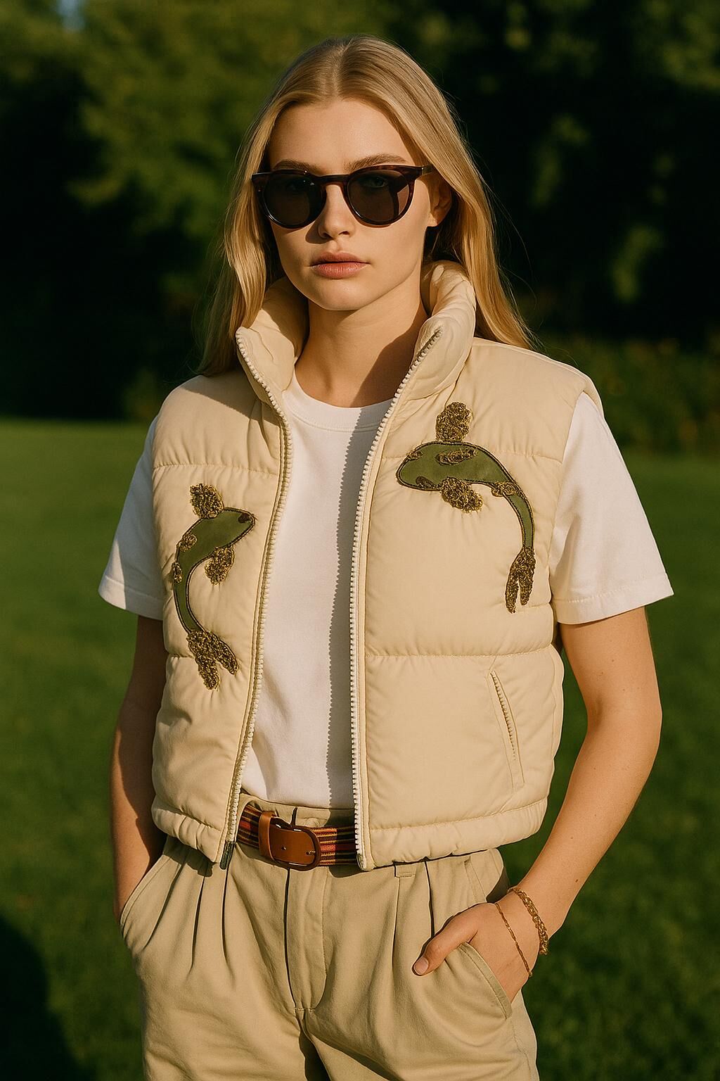 Deri Üzeri Balık Figürlü Krem Bomber Şişme Yelek