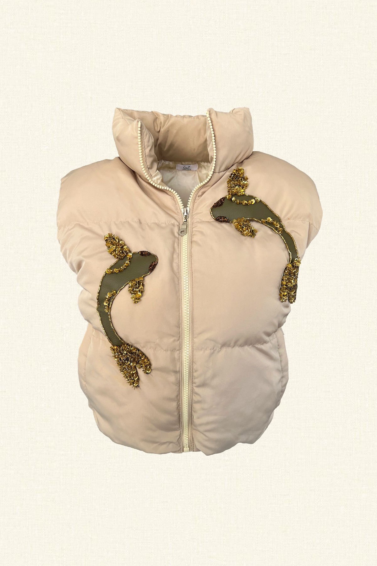 Deri Üzeri Balık Figürlü Krem Bomber Şişme Yelek