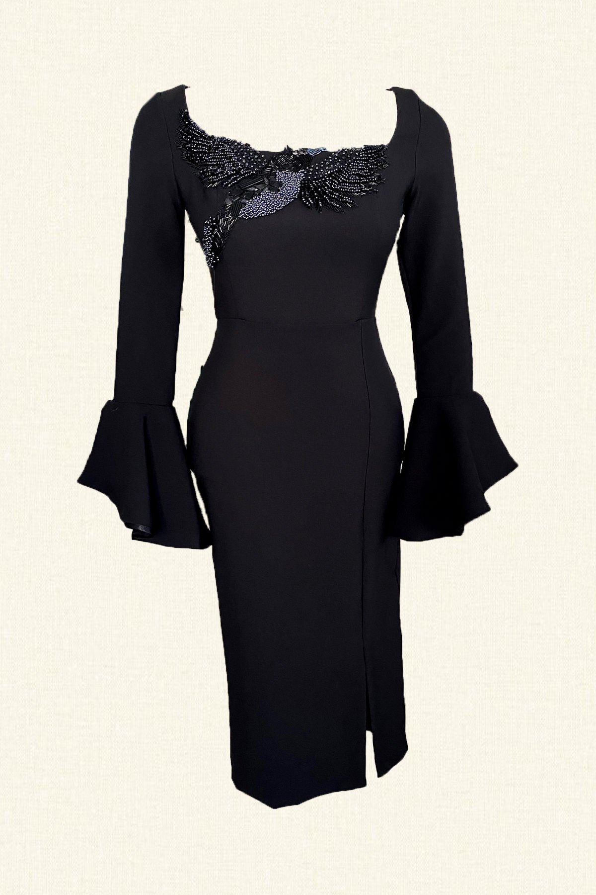 Kuş Detaylı Uzun Kollu Siyah Elbise