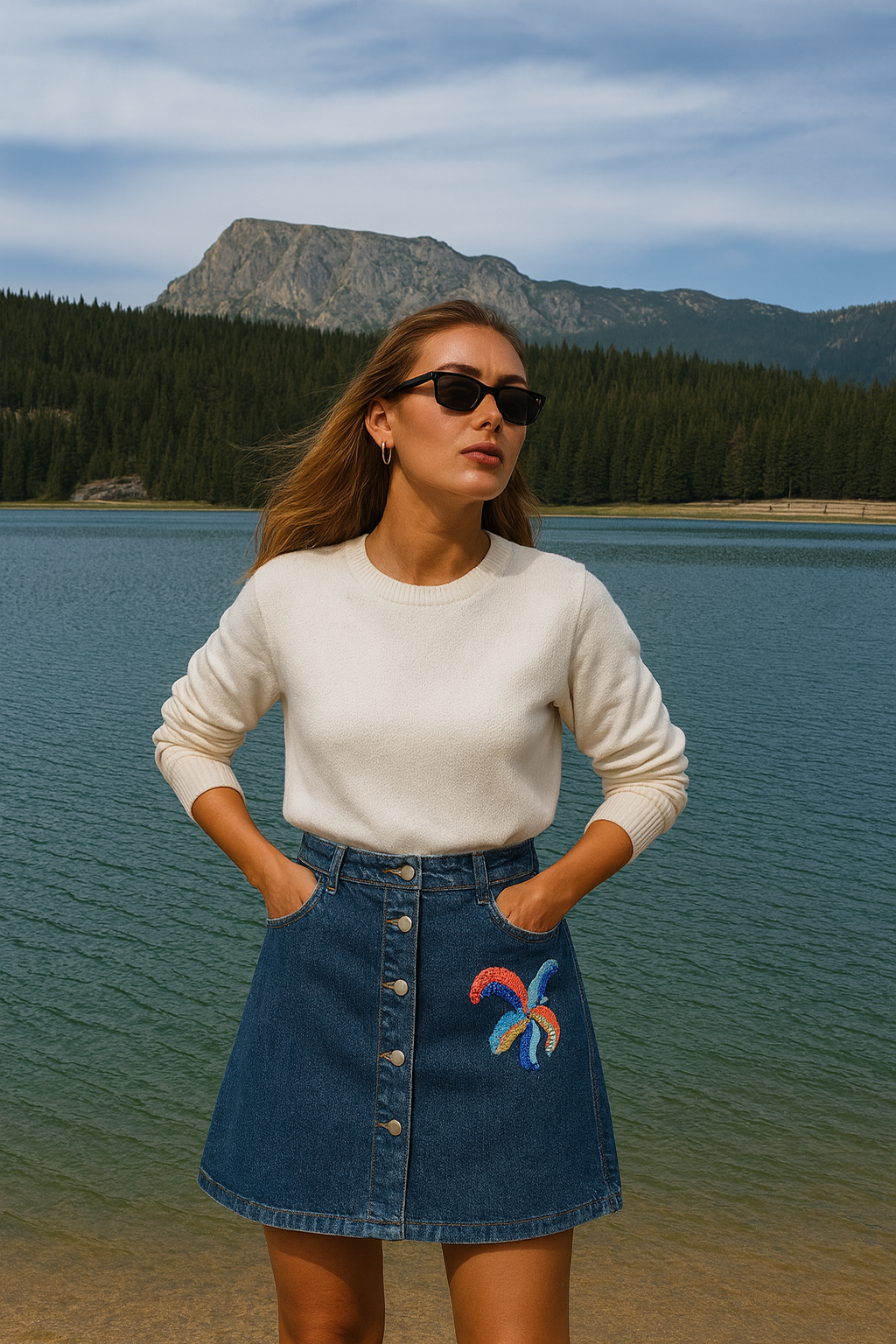 Turuncu Deniz Yıldızı İşlemeli Jean Etek