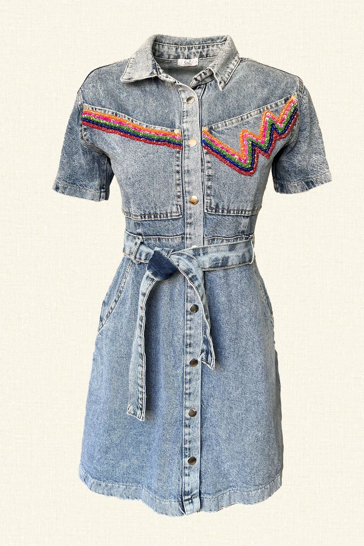 Renkli İşleme Detaylı Açık Renk Jean Elbise