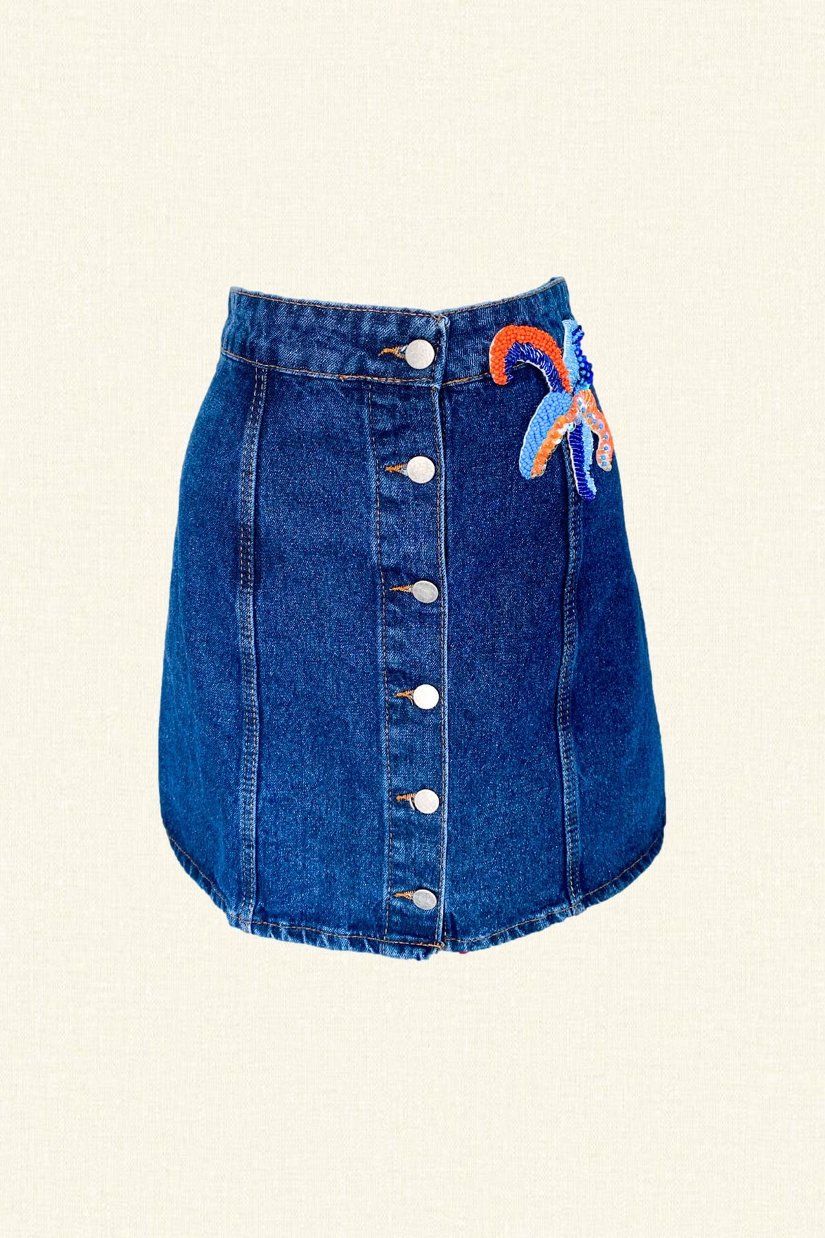 Turuncu Deniz Yıldızı İşlemeli Jean Etek