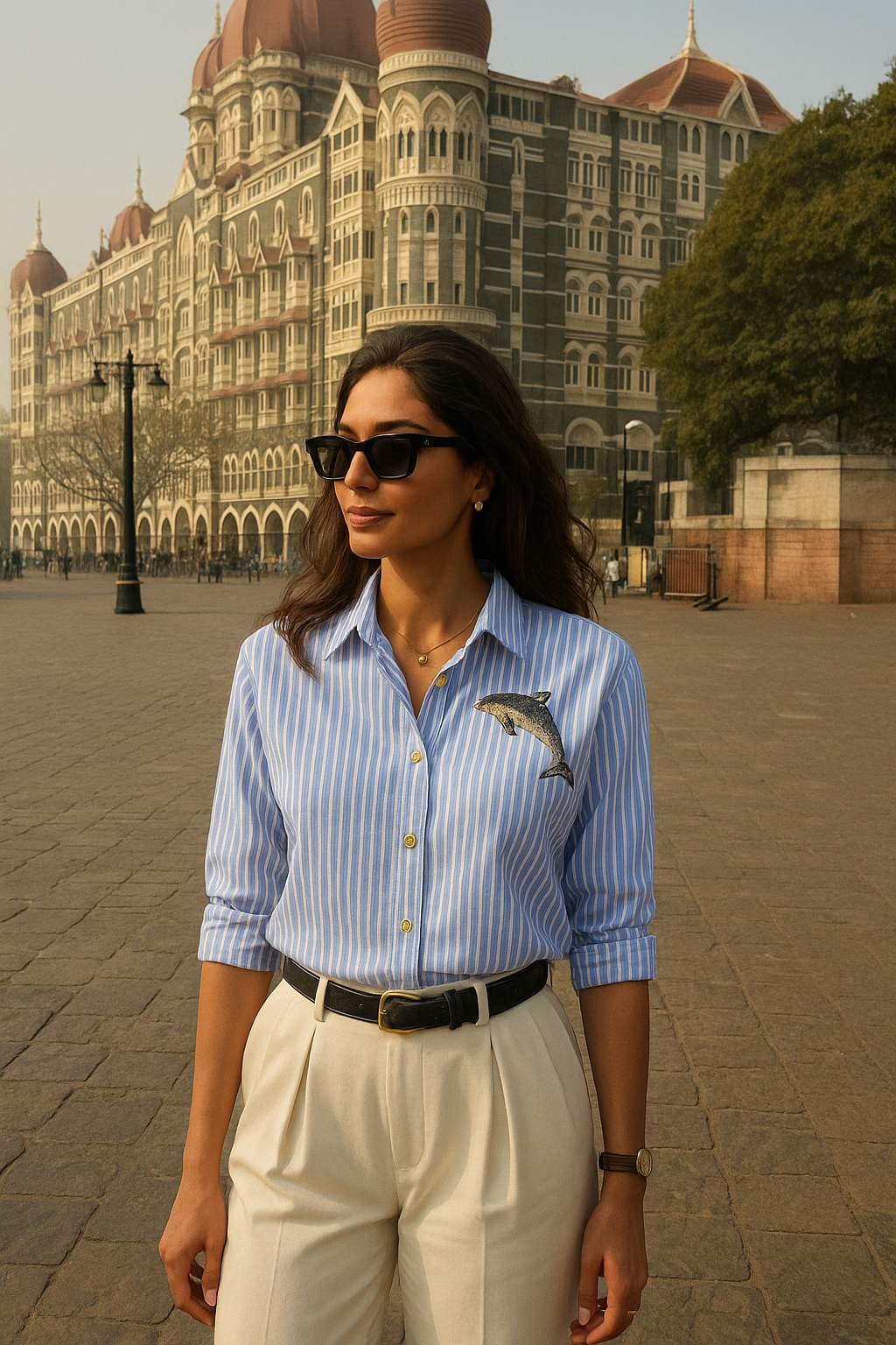 Yunus İşlemeli Mavi Çizgili Oversize Gömlek