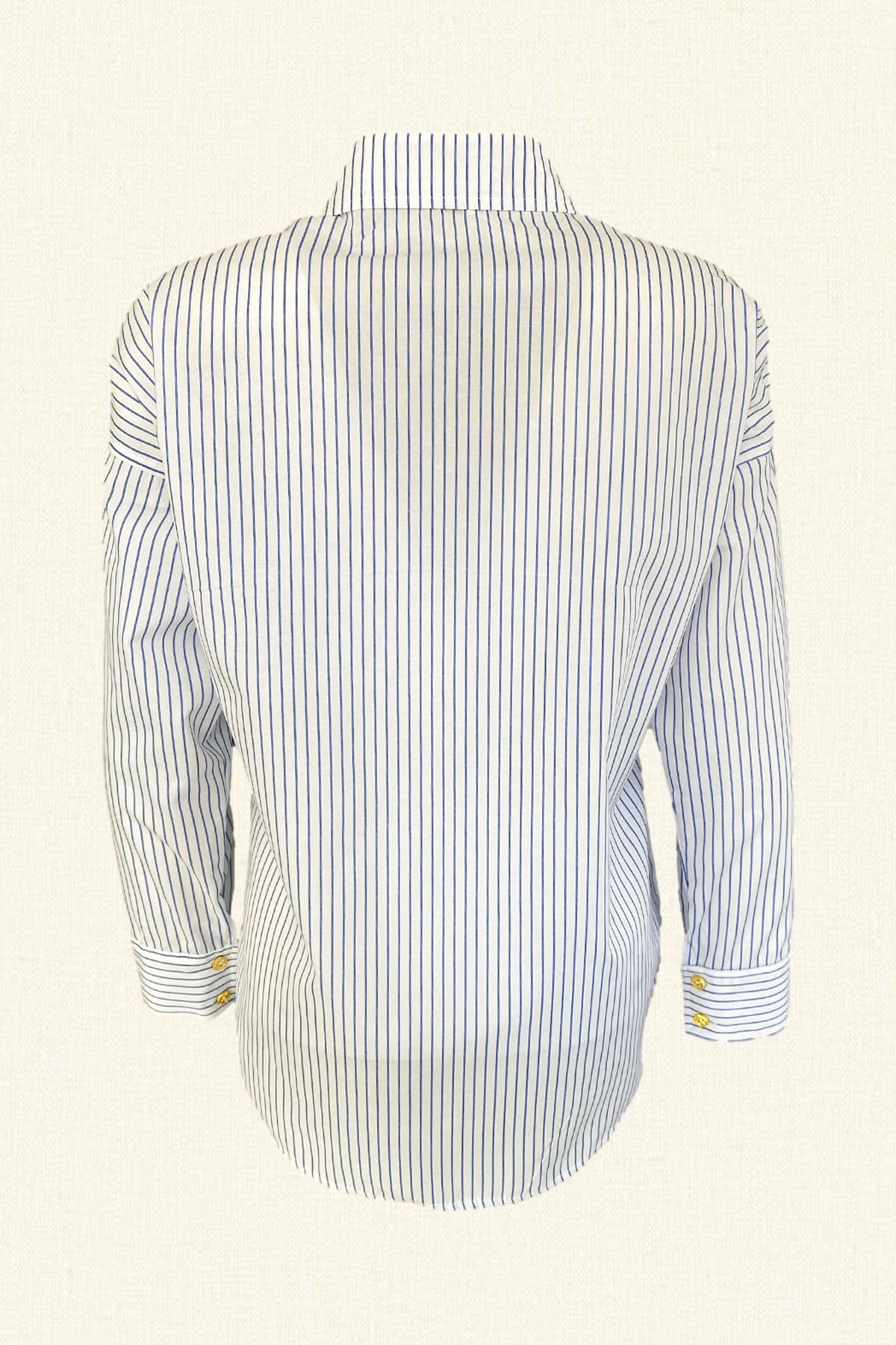 Yunus İşlemeli Mavi Çizgili Oversize Gömlek
