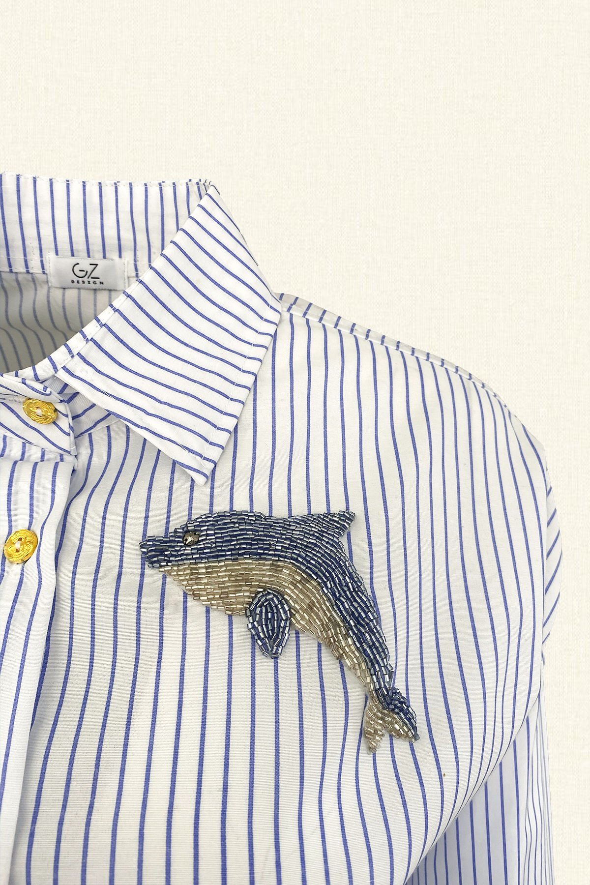 Yunus İşlemeli Mavi Çizgili Oversize Gömlek