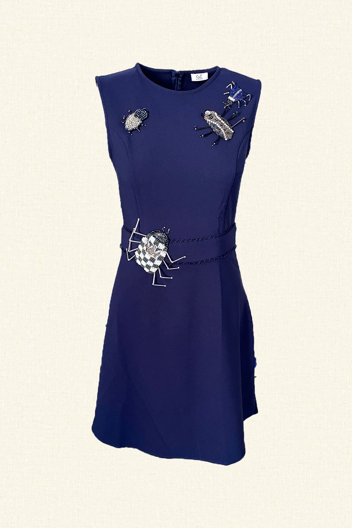 Böcek İşlemeli Lacivert Elbise