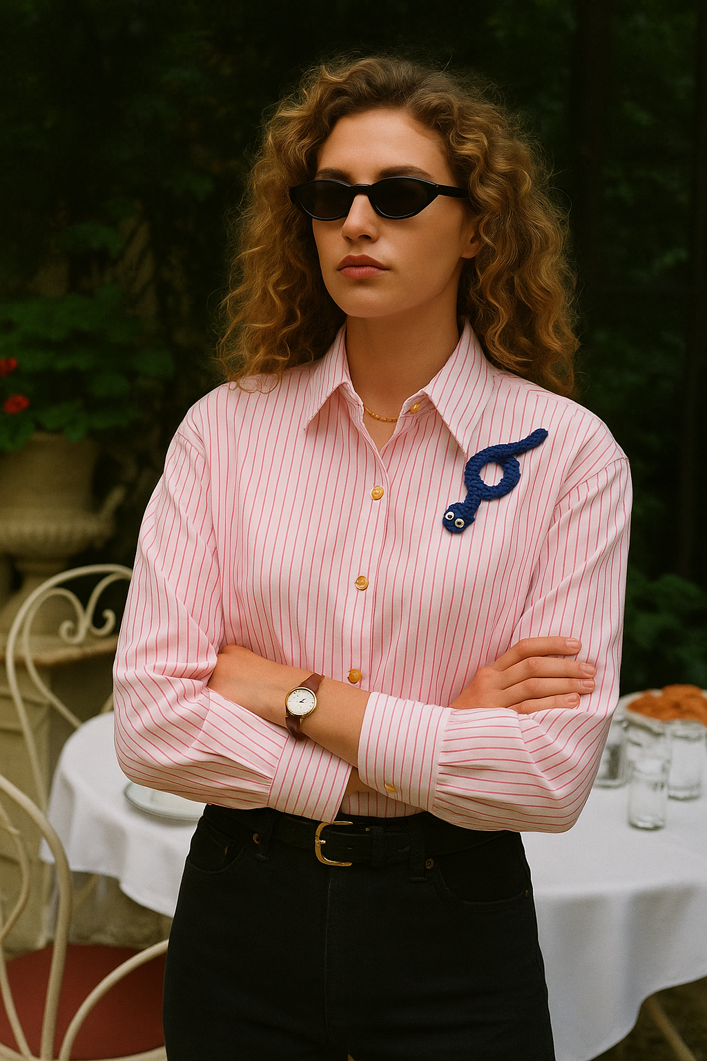 Mavi Tırtıl İşlemeli Pembe Çizgili Oversize Gömlek