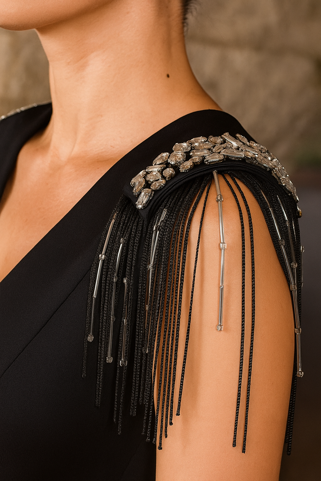 Kolları Kristal Taş İşlemeli Püskül Detaylı Siyah Elbise