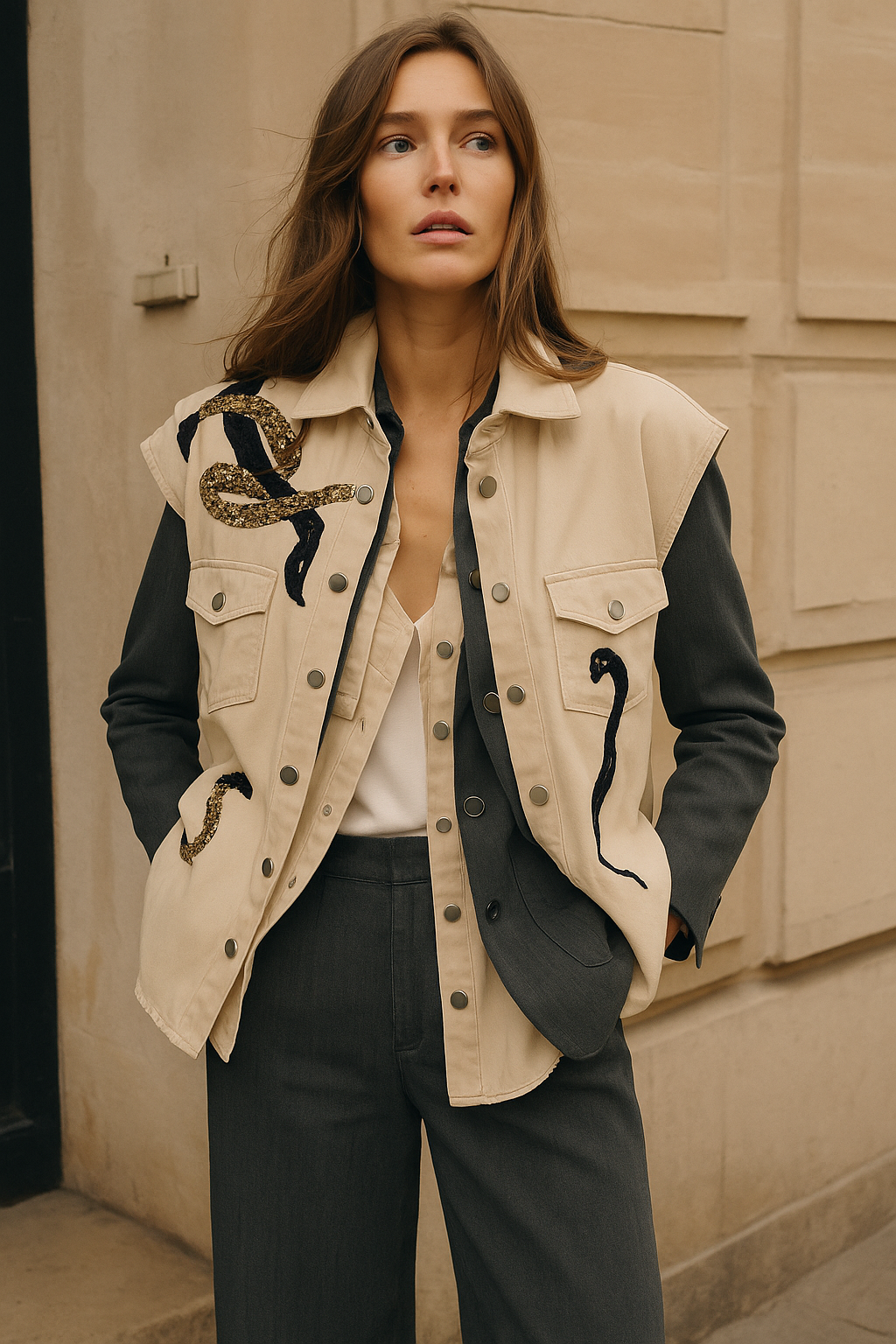 Gold ve Siyah İşlemeli Krem Rengi Oversize Jean Yelek