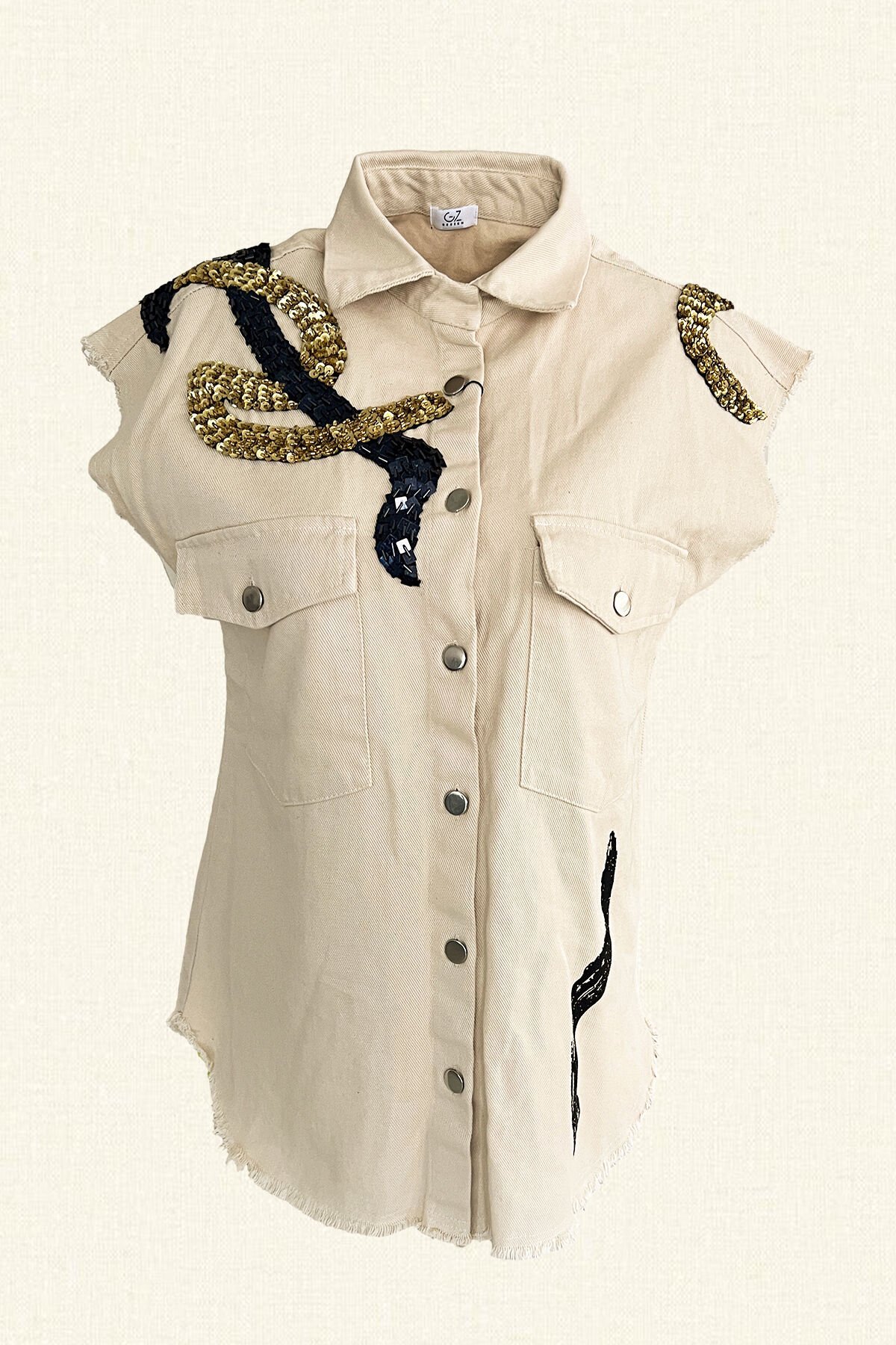 Gold ve Siyah İşlemeli Krem Rengi Oversize Jean Yelek