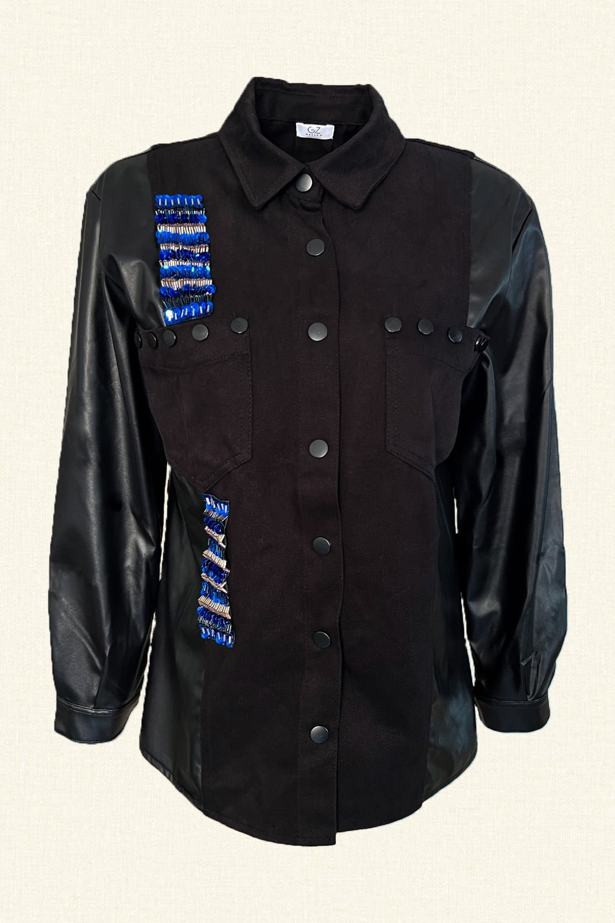 Mavi İşlemeli Kolları Deri Detay Siyah Jean Ceket