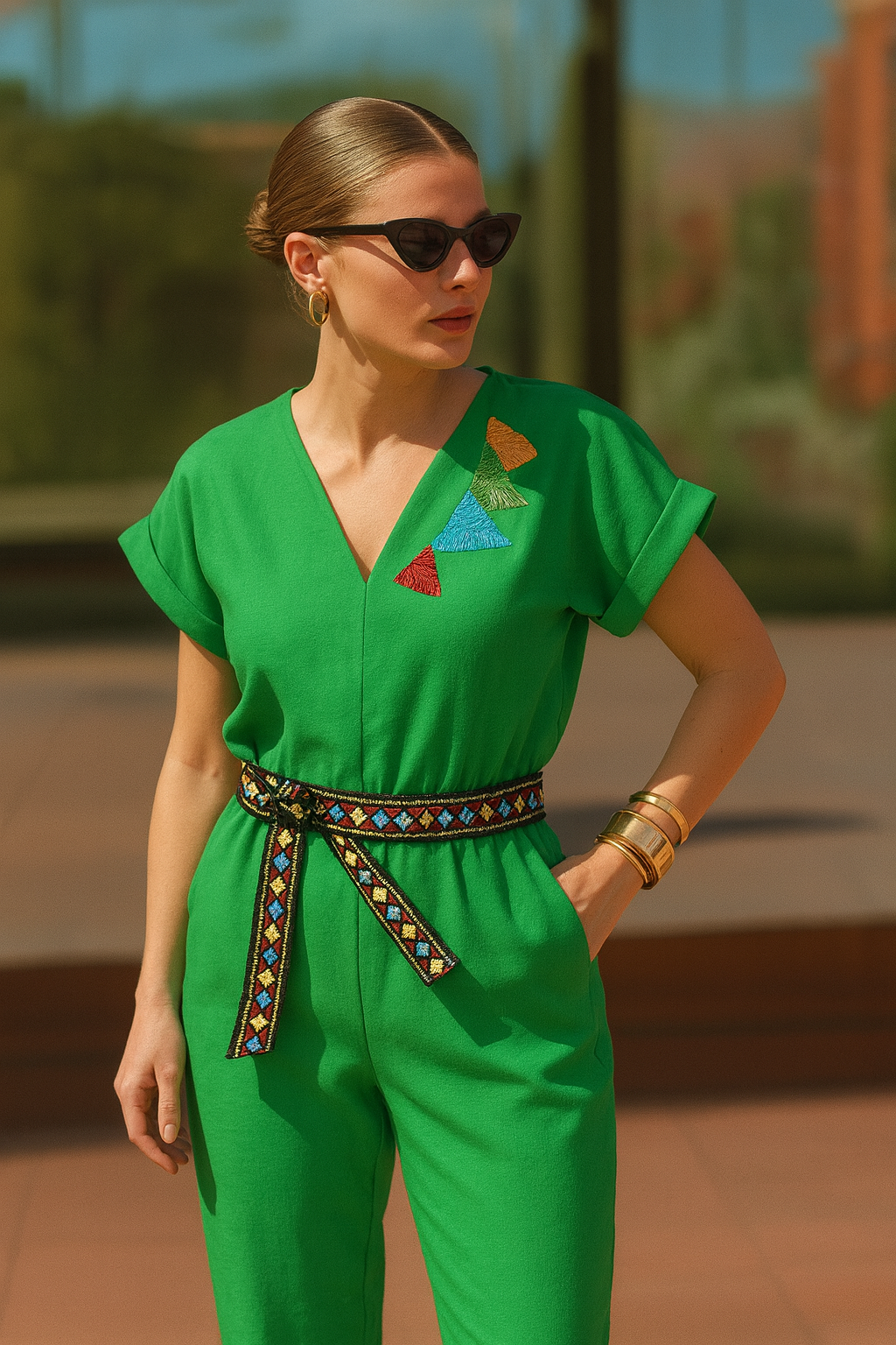 Renkli İşlemeli Yeşil Tulum